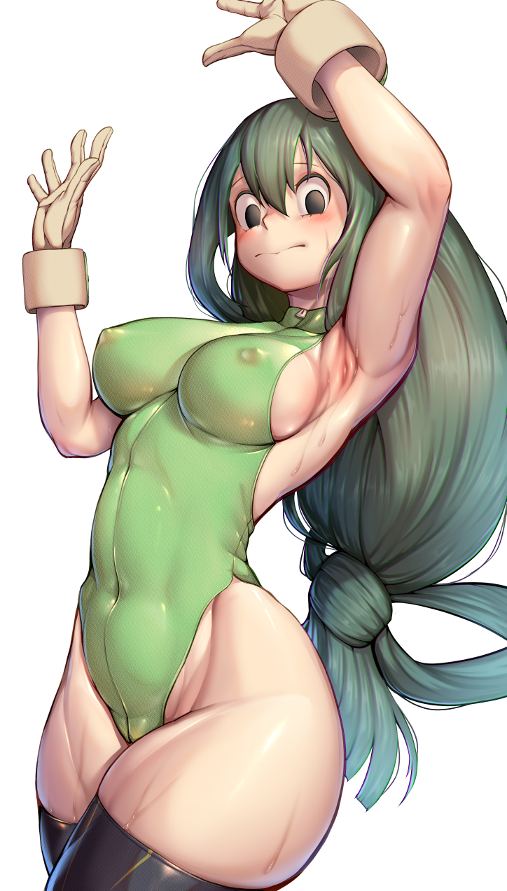 1girls arm_up armpits athletic_female big_breasts black_thighhighs brown_gloves covered_navel covered_nipples female fit_female frog_girl gloves green_eyes green_hair green_leotard hair_rings hands_up highleg highleg_leotard highres large_breasts leotard light-skinned_female long_hair looking_at_viewer maxlikeapicture my_hero_academia slim_waist solo sweat teenage_girl teenager thick_thighs thighhighs tsuyu_asui very_long_hair white_background wide_hips