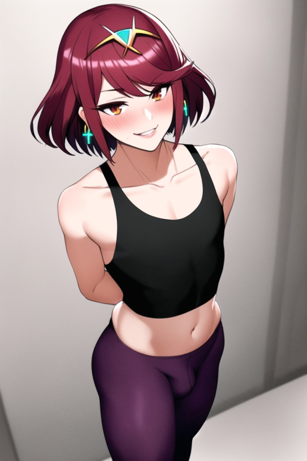 1boy ai_generated androgynous arms_behind_back bulge bulge_through_clothing femboy feminine_male from_below genderswap_(ftm) girly hair_ornament leggings looking_at_viewer looking_up male_only midriff otoko_no_ko pyra robofun rule_63 sissy stable_diffusion tank_top tiara trap twink xenoblade_(series) xenoblade_chronicles_2 yoga_pants