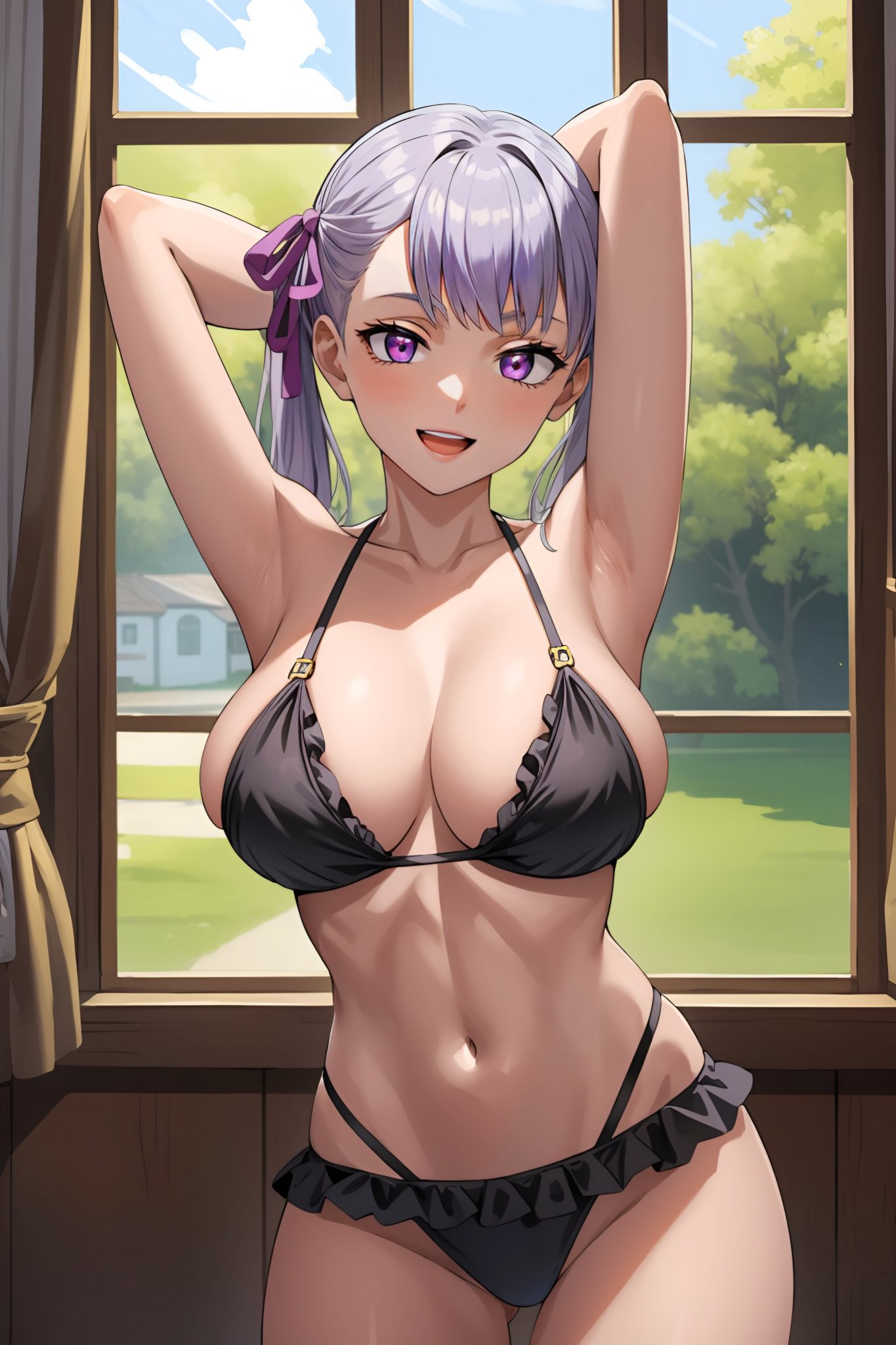 1girls, ai generated, armpits, arms up, belly button, bikini, black bikini, black clover, breasts, curvaceous, curvy, curvy body, female, female only, frills, large breasts, noelle silva, solo, stable diffusion