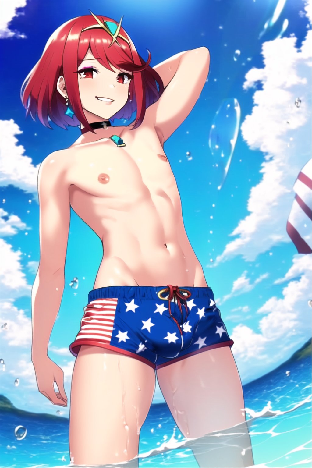 1boy ai_generated american_flag androgynous boxers bulge choker femboy feminine_male from_below genderswap_(ftm) girly hair_ornament hand_behind_head looking_down male_only male_swimwear nervous_smile otoko_no_ko partially_submerged pyra robofun rule_63 shorts sissy splashing stable_diffusion swimsuit swimwear tiara topless trap twink water xenoblade_(series) xenoblade_chronicles_2