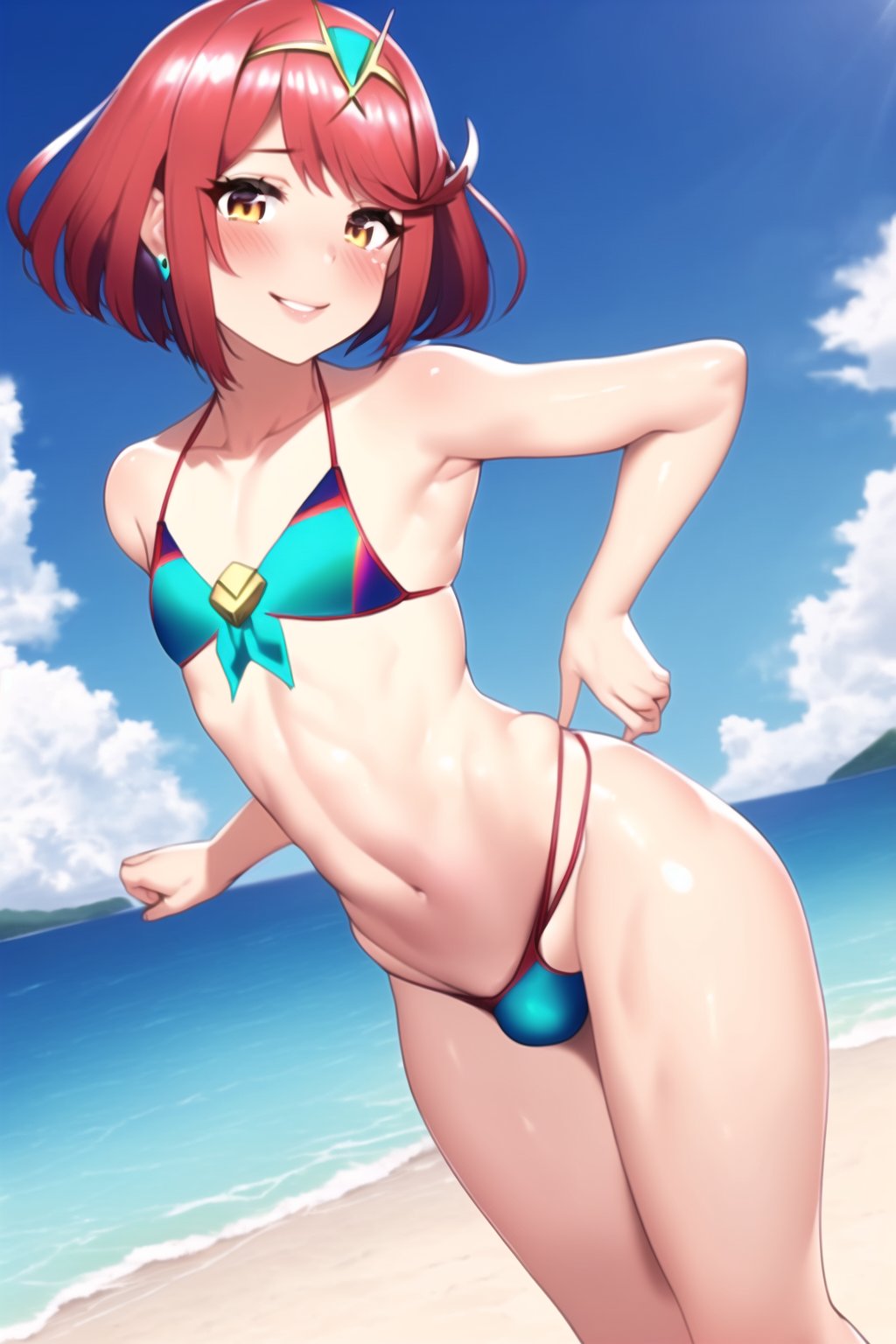 1boy ai_generated androgynous beach bikini bulge crossdressing femboy feminine_male genderswap_(ftm) girly hair_ornament male_only navel ocean otoko_no_ko pyra robofun rule_63 sissy sky stable_diffusion tiara trap twink xenoblade_(series) xenoblade_chronicles_2