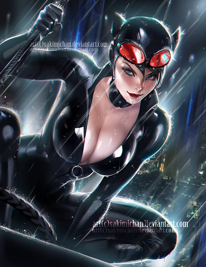 batman (series), big breasts, black hair, blue eyes, breasts, catwoman, cleavage, collar, dc, dc comics, female, looking at viewer, rain, sakimichan, selina kyle, solo, solo female, solo focus, unzipped, whip