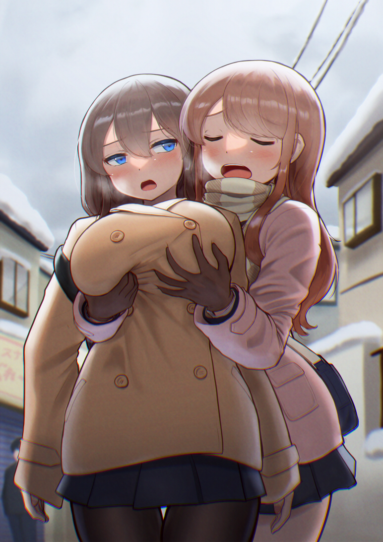 2022 2girls bag blue_eyes blush breast_fondling breast_grab breasts breath brown_coat brown_hair closed_eyes coat disciplinary_committee-chan_(maku_ro) female female_focus fondling friend-chan_(maku_ro) grabbing_from_behind hair_between_eyes highres house large_breasts long_hair looking_at_another maku_ro multiple_girls open_mouth original outdoors pantyhose pink_coat pleated_skirt road scarf skirt sky standing street teeth thigh_gap thighs tight_clothing tongue walking winter winter_clothes winter_coat winter_uniform yuri