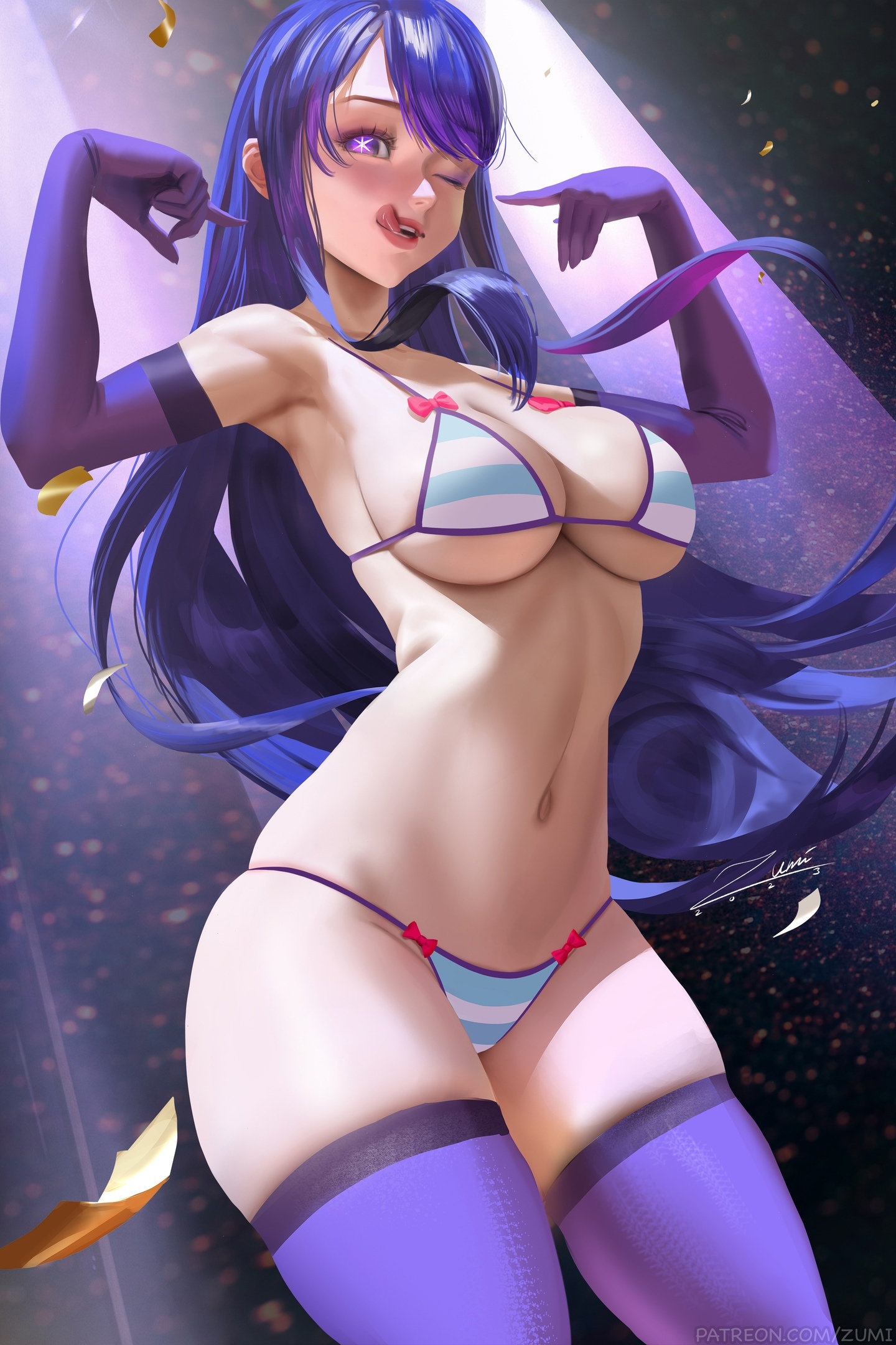 1girls, alternate version available, bra, breasts, curvaceous, curvy body, curvy female, curvy figure, female, female focus, female only, female torso, gloves, hi res, hoshino ai, huge breasts, long hair, oshi no ko, panties, seductive look, solo female, solo focus, stockings, violet hair, voluptuous, zumi
