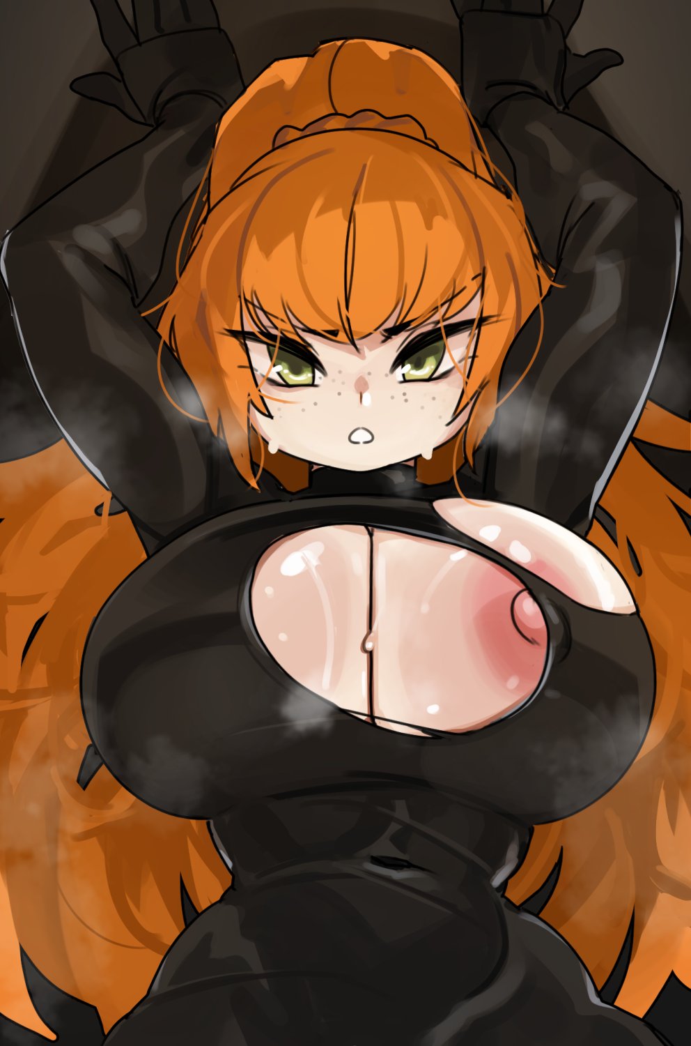 1girls armpits blush breasts female green_eyes huge_breasts ishmael_(limbus_company) large_breasts light-skinned_female light_skin limbus_company long_hair looking_at_viewer nipples orange_hair project_moon sweat sweaty_body torn_clothes zanamaoria