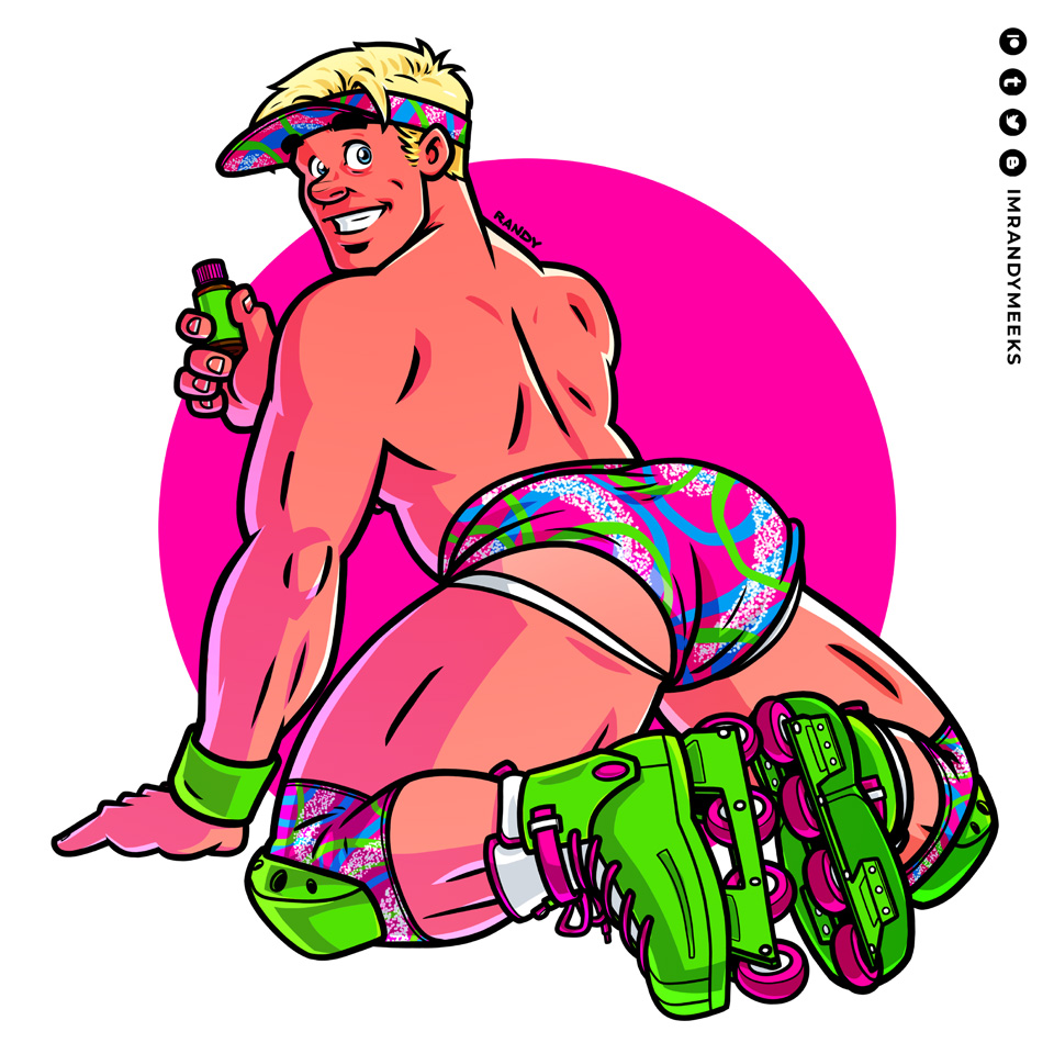 1boy bara barbie_(2023) barbie_(franchise) blonde_hair jockstrap ken_carson male_only muscular_male poppers randyslashtoons roller_skates ryan_gosling shirtless