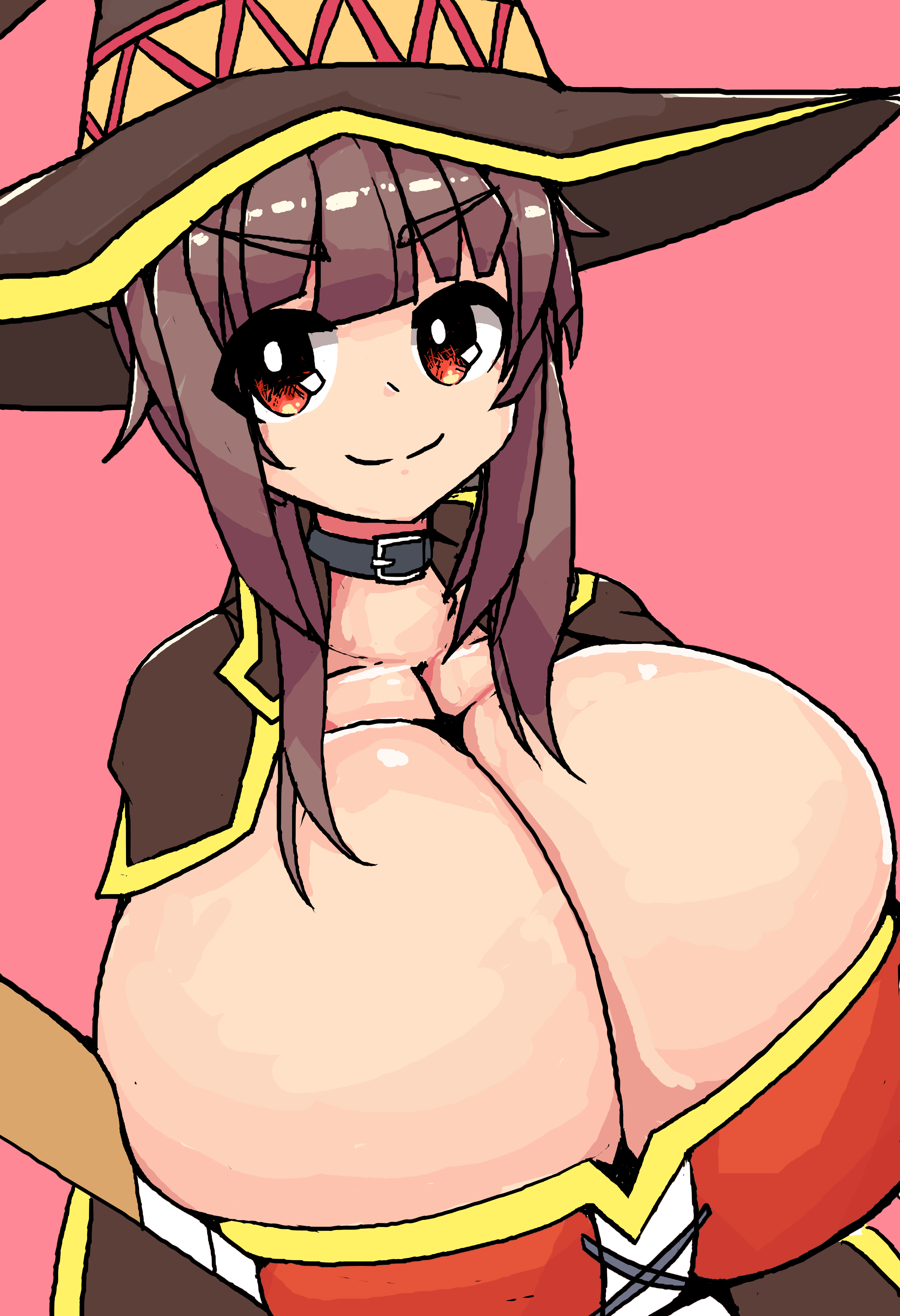 1girls, alternate breast size, breast expansion, breast growth, breast growth (enlargement), breasts, breasts bigger than head, brown hair, bursting breasts, cleavage, eyebrows visible through hair, female, gigantic breasts, hat, huge breasts, kono subarashii sekai ni shukufuku wo!, large hat, looking at viewer, massive breasts, megumin, overflowing breasts, red eyes, short hair, short hair with long locks, smile, sukoburukurage