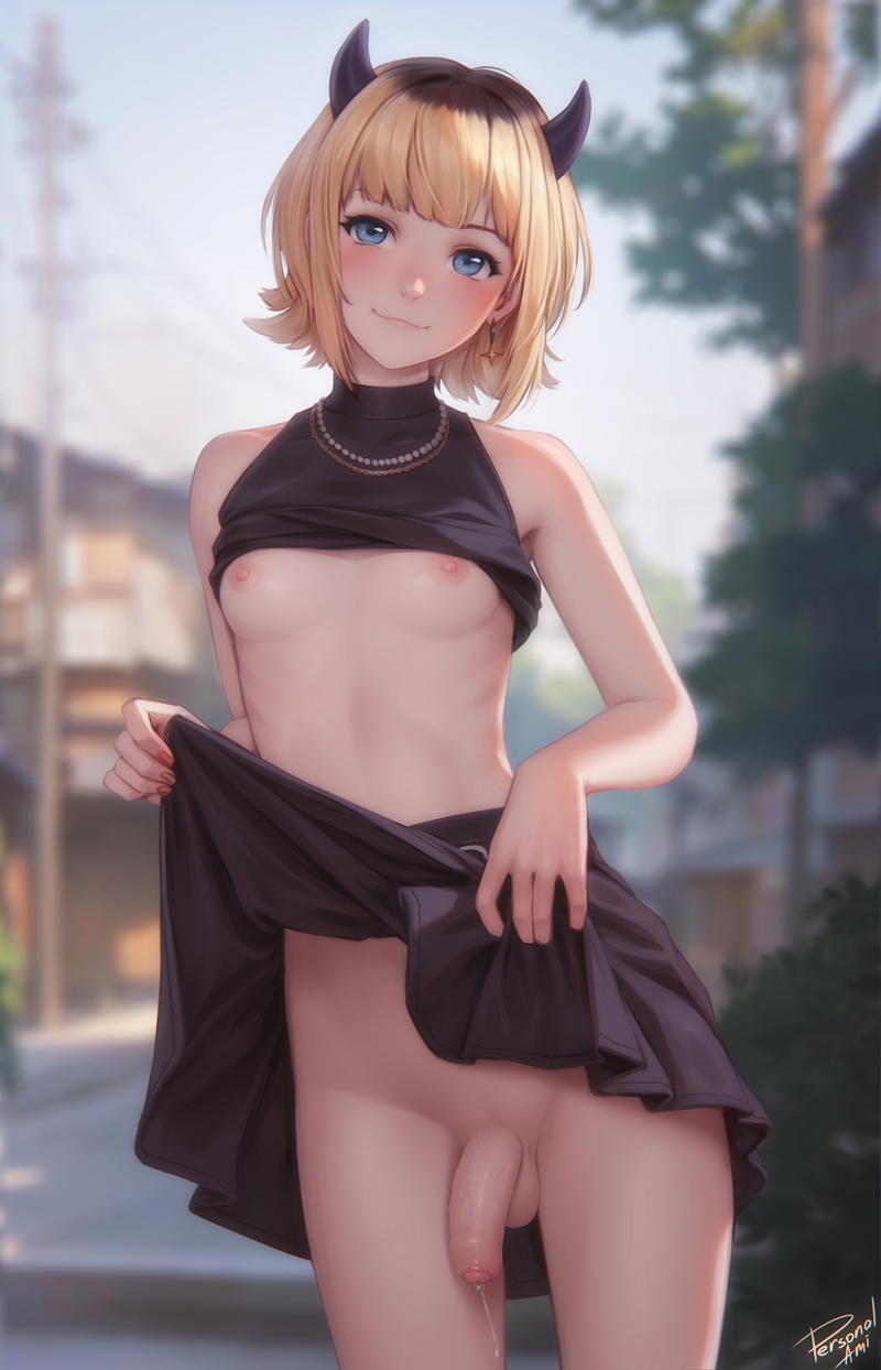 1futa 3rd_party_edit ass_visible_through_thighs bare_arms bare_shoulders black_shirt black_skirt blonde_hair blue_eyes blunt_bangs blurry blurry_background blush breasts brown_hair chain_necklace clothes_lift commentary cowboy_shot day depth_of_field earring earrings edit english_commentary flaccid futa_only futanari highres horns jewelry kitsune_with_glasses(editor) lifted_by_self memcho multicolored_hair necklace nipples no_bra no_panties oshi_no_ko outdoors partially_retracted_foreskin pearl_necklace penis personalami shirt shirt_lift short_hair single_earring skirt skirt_lift small_breasts smile solo star_(symbol) star_earrings two-tone_hair two_tone_hair uncensored uncut