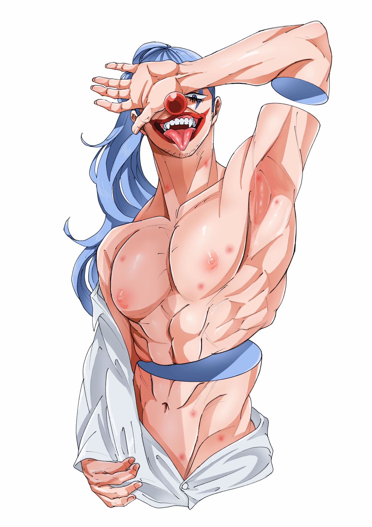 1boy, abs, akuma no mi, arm up, armpit, armpit fetish, big pecs, blue hair, buggy the clown, clown, clown makeup, clown nose, facepaint, hickey marks, lipstick, long hair, long-haired male, looking at viewer, makeup, male, male only, muscular, muscular male, off shoulder, one piece, ooo mylove, open mouth, open shirt, pecs, ponytail, red lipstick, smile, solo, solo male, stubble, tongue, tongue out