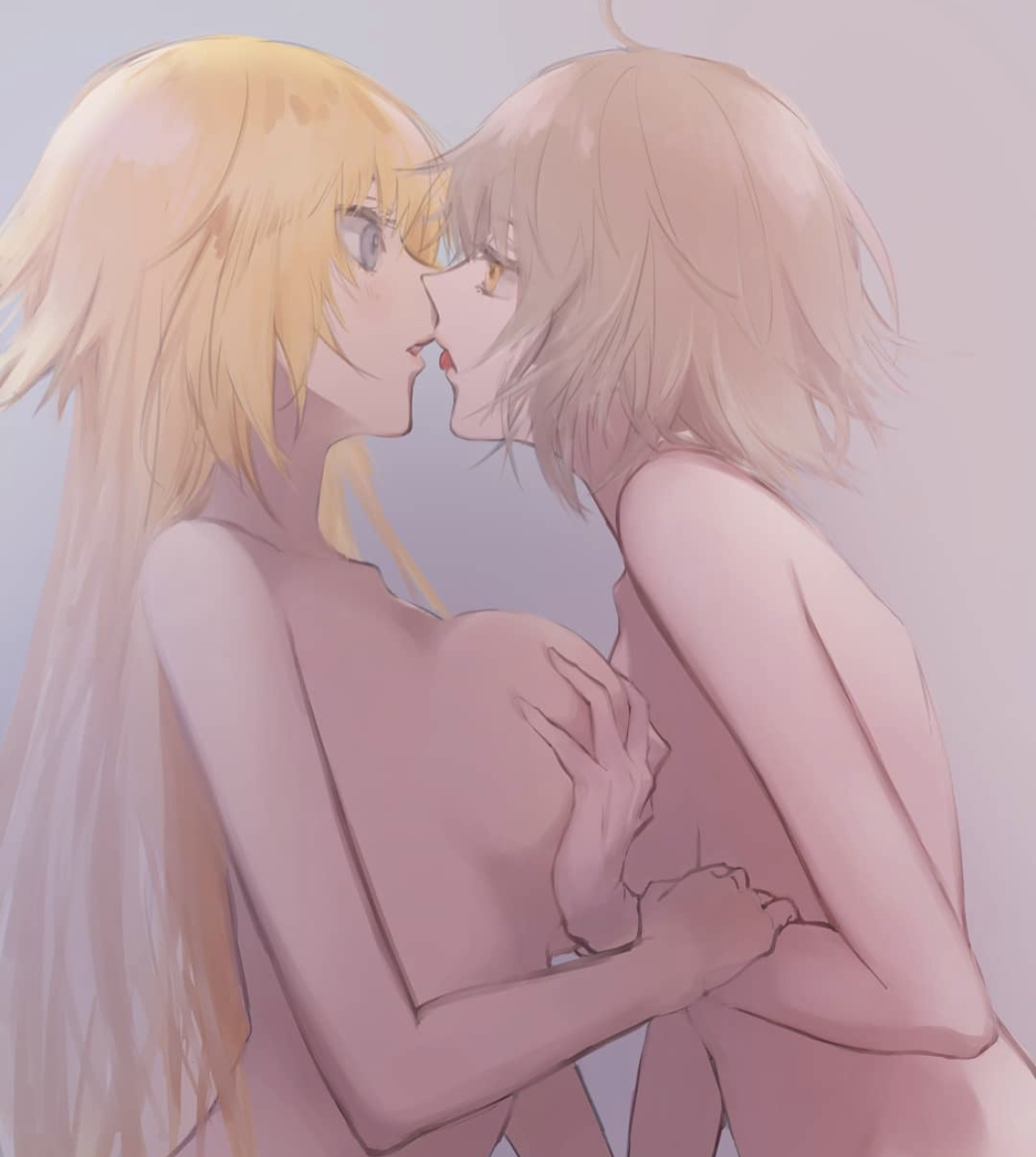 2girls, almost kissing, ashita kura, blonde hair, breast grab, breasts, fate (series), fate/apocrypha, fate/grand order, female, imminent kiss, jeanne alter, jeanne d'arc (fate), jeanne d'arc (fate) (all), lesbian, multiple females, multiple girls, yuri