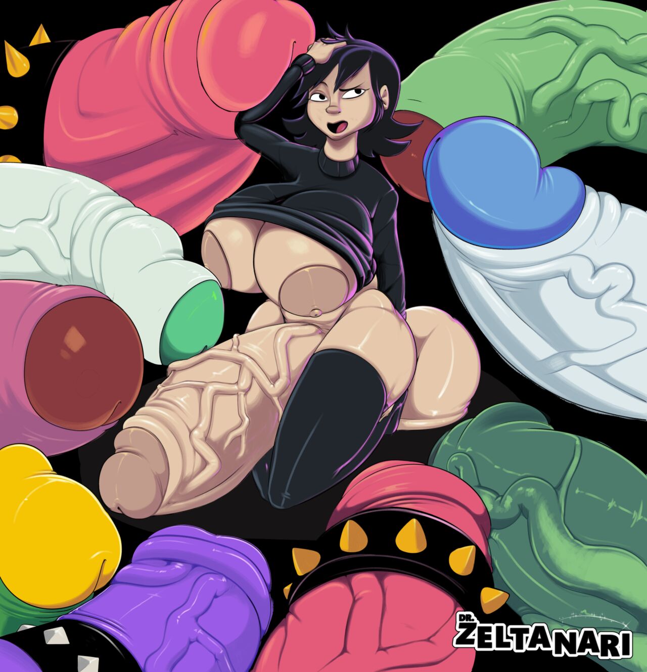 1futa areolae backsack ball_squish balls black_hair blush bottomless breasts clothed clothing cum erection foreskin futa_focus futanari gigantic_testicles huge_breasts human hyper hyper_penis imminent_bukkake kneeling light-skinned_futanari light_skin male_on_futa mostly_nude multiple_penises nipples original_characters penis self_upload short_hair smooth_balls solo_focus surrounded_by_penises thick_thighs thighhighs uncut wide_hips zeltanari