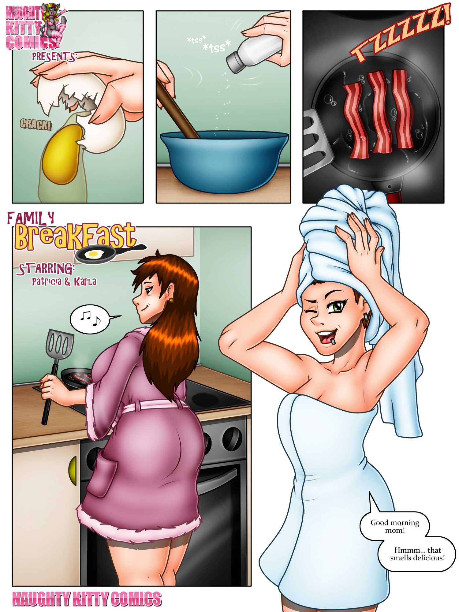 1futa, 1girls, age difference, big breasts, breasts, clothed, clothing, comic, comic page, daughter, dialogue, duo, english text, evil-rick, female, fully clothed, futa with female, futanari, huge breasts, human, implied futa, incest, intersex, light skin, light-skinned female, light-skinned futa, mature female, milf, mother, mother and daughter, original, original characters, parent, parent and child, standing, text