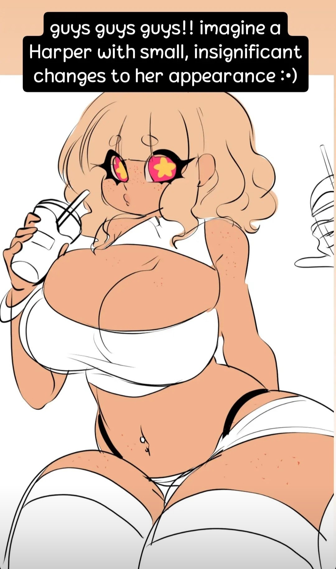 1girls, ass, asshushie, big ass, big breasts, big butt, breasts, curled hair, curly hair, drink, drinking straw, english text, female, food, fully clothed, harper (luvanely), huge ass, huge breasts, huge butt, huge thighs, large ass, large butt, luvanely, oc, orange hair, orange skin, original, original artwork, original character, original characters, short hair, short shorts, shorts, thick ass, thick hips, thick legs, thick thighs, thigh highs, thigh socks, thighhighs, thighs, thong, thong above shorts, thong panties, thong straps, thong underwear, unfinished, wide hips, wide thighs