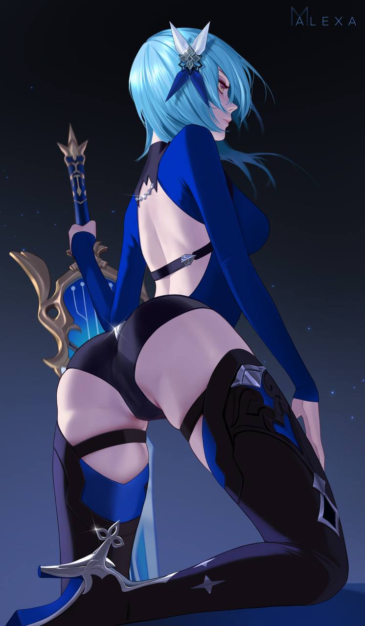 1girls ass ass_focus blue_hair booty_shorts eula_(genshin_impact) female genshin_impact large_ass large_breasts light-skinned_female light_blue_hair light_skin m_alexa pale-skinned_female pale_skin sword tagme thigh_boots thighhighs thighs