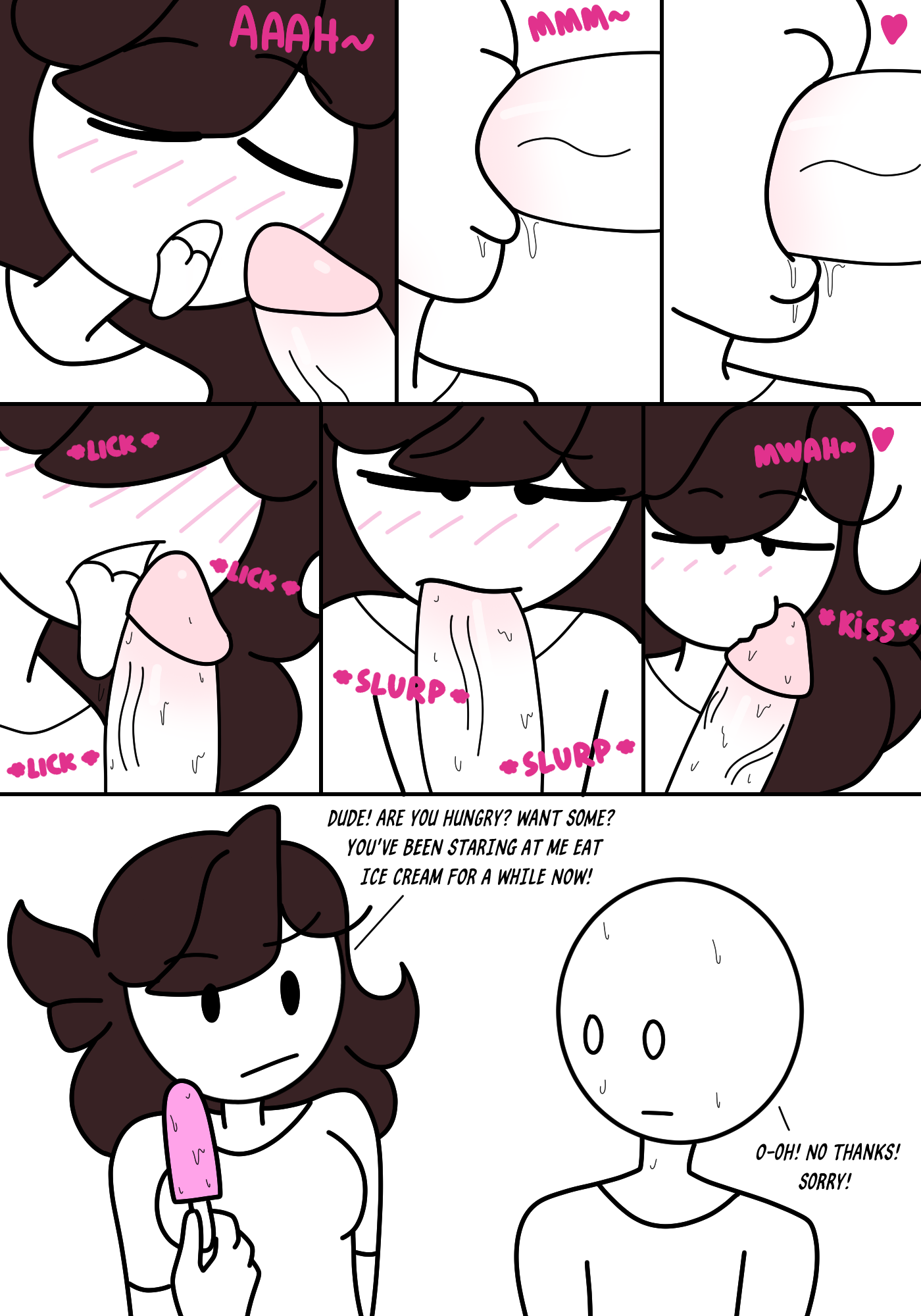 blowjob, blush, comic, female, ice cream, imagining, jaiden, jaiden animations, kissing penis, lewdyrewdy, licking, licking penis, looking at viewer, male, penis, penis licking, sexually suggestive, sucking, sucking penis, text, text bubble
