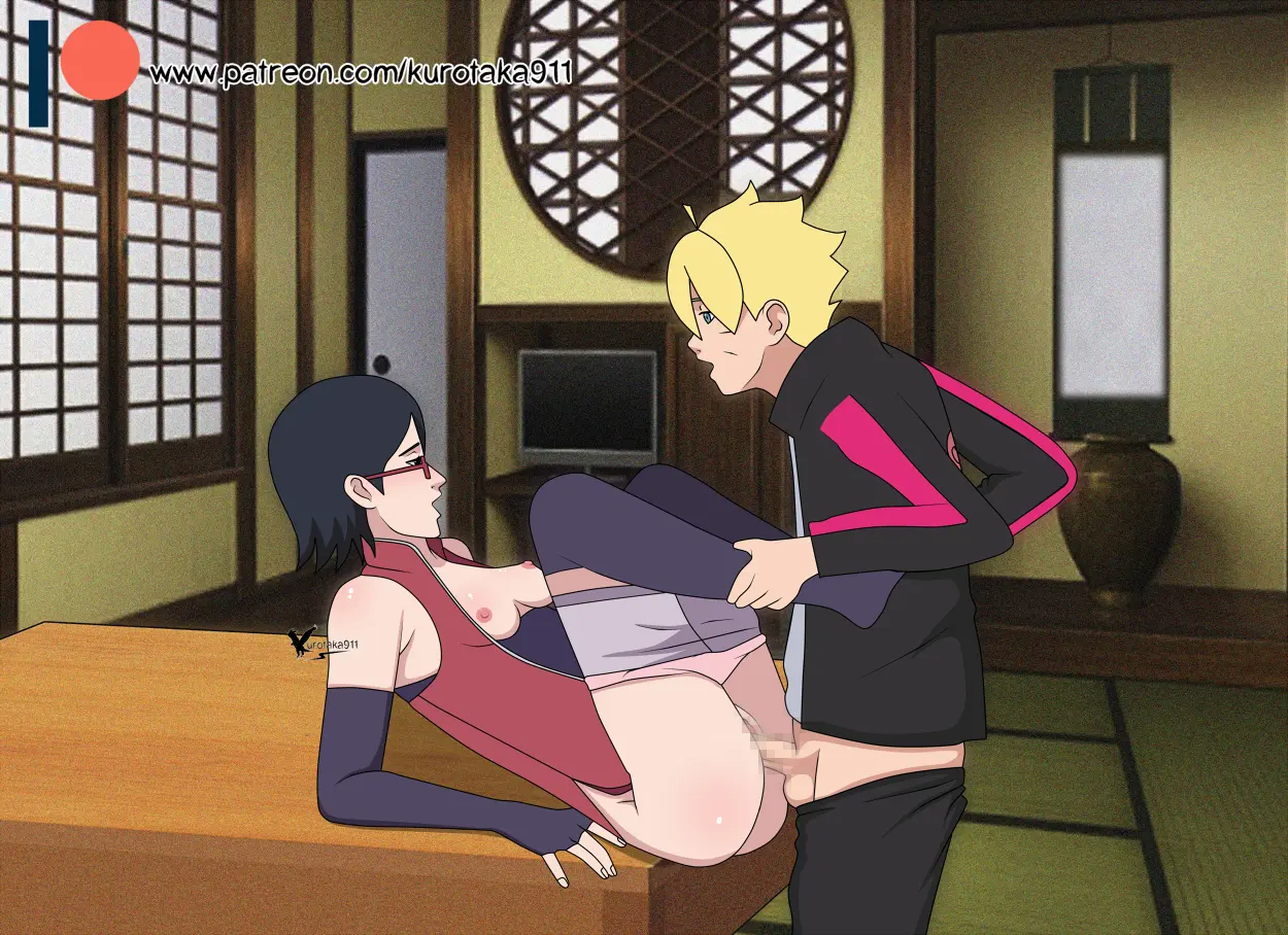 agung911, ass, boruto: naruto next generations, breasts, breasts out, clothed, clothed sex, clothing, female, functionally nude, holding legs, missionary position, naruto, naruto (series), nipples, on table, panties, panties around leg, pussy, sarada uchiha, sex, straight, uchiha sarada, uzumaki boruto, vaginal penetration