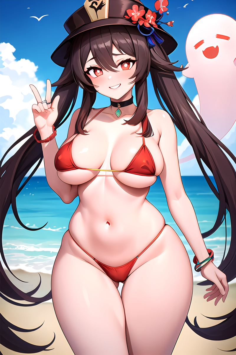ai generated, bare shoulders, beach, bead bracelet, beads, bikini, blush, bracelet, breasts, brown hair, choker, collarbone, female, flower, genshin impact, ghost, grin, hat, hat flower, highres, hu tao (genshin impact), jewelry, long hair, looking at viewer, medium breasts, navel, red bikini, red eyes, shore, smile, straw hat, swimsuit, symbol-shaped pupils, thighs, twintails, very long hair
