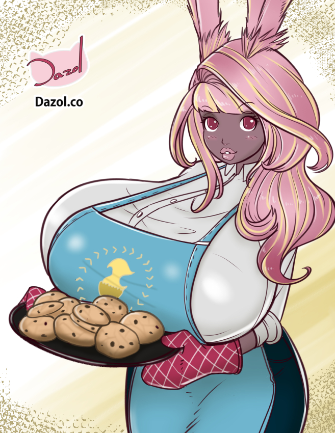 animal_ears apron big_breasts bunny_ears cookies cooking_tray dark-skinned_female dark_skin dazol final_fantasy_xiv gigantic_breasts huge_breasts humanoid lipstick long_hair looking_at_viewer pink_hair red_eyes tagme viera