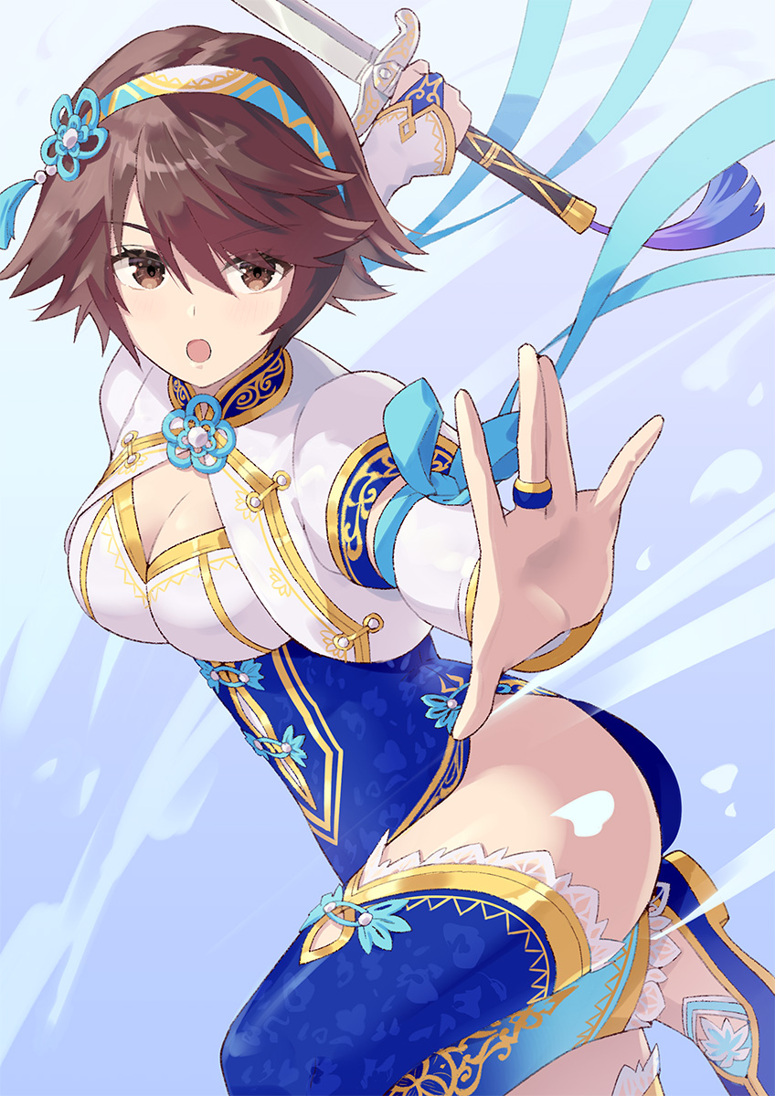 arm_up blue_thighhighs breasts brown_eyes brown_hair chai_xianghua china_dress cleavage detached_sleeves dress female fighting_stance flower hair_between_eyes hairband highres holding holding_sword holding_weapon long_hair looking_at_viewer medium_breasts namco open_mouth outstretched_hand ribbon shoes simple_background smile solo soul_calibur soul_calibur_vi sword thighhighs weapon white_background zettai_karen_children