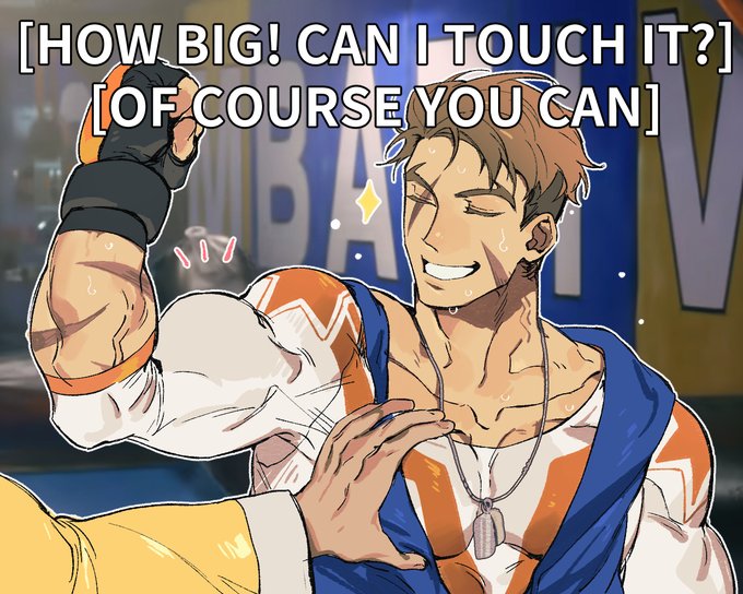 brown_hair chest clothed clothing dog_tags flavedochen flex flexing flexing_bicep gay grabbing grabbing_breasts grope grope_breast grope_chest groping_breast groping_breasts gym jamie_siu long_sleeves luke_sullivan male male/male male_only scar smile smiling smirk smirking street_fighter street_fighter_6 street_fighter_v sweat sweating sweaty tanned text yaoi