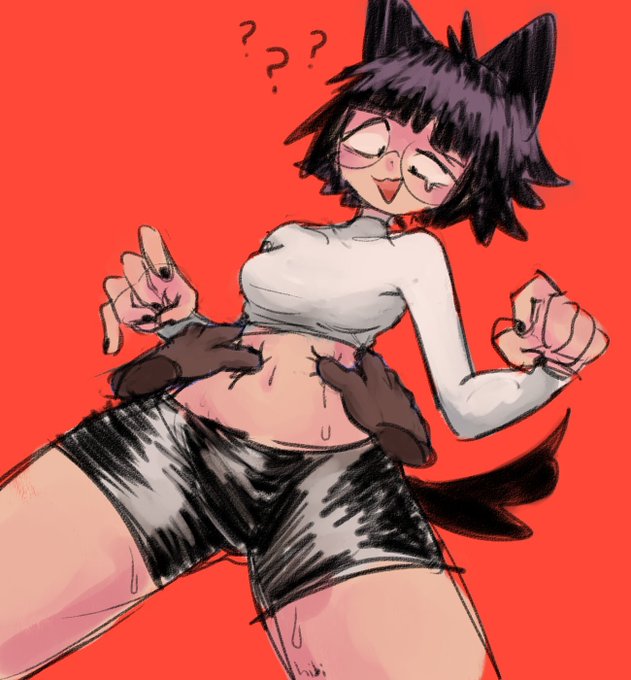 anthro black_hair cat_ears chubby chubby_belly confused confusion crop_top floating_hands hands_on_hips hips nail_polish pudgy pudgy_belly shorts shy tail tear tears twinkboobs uncommon_stimulation womb_massage womb_stimulation