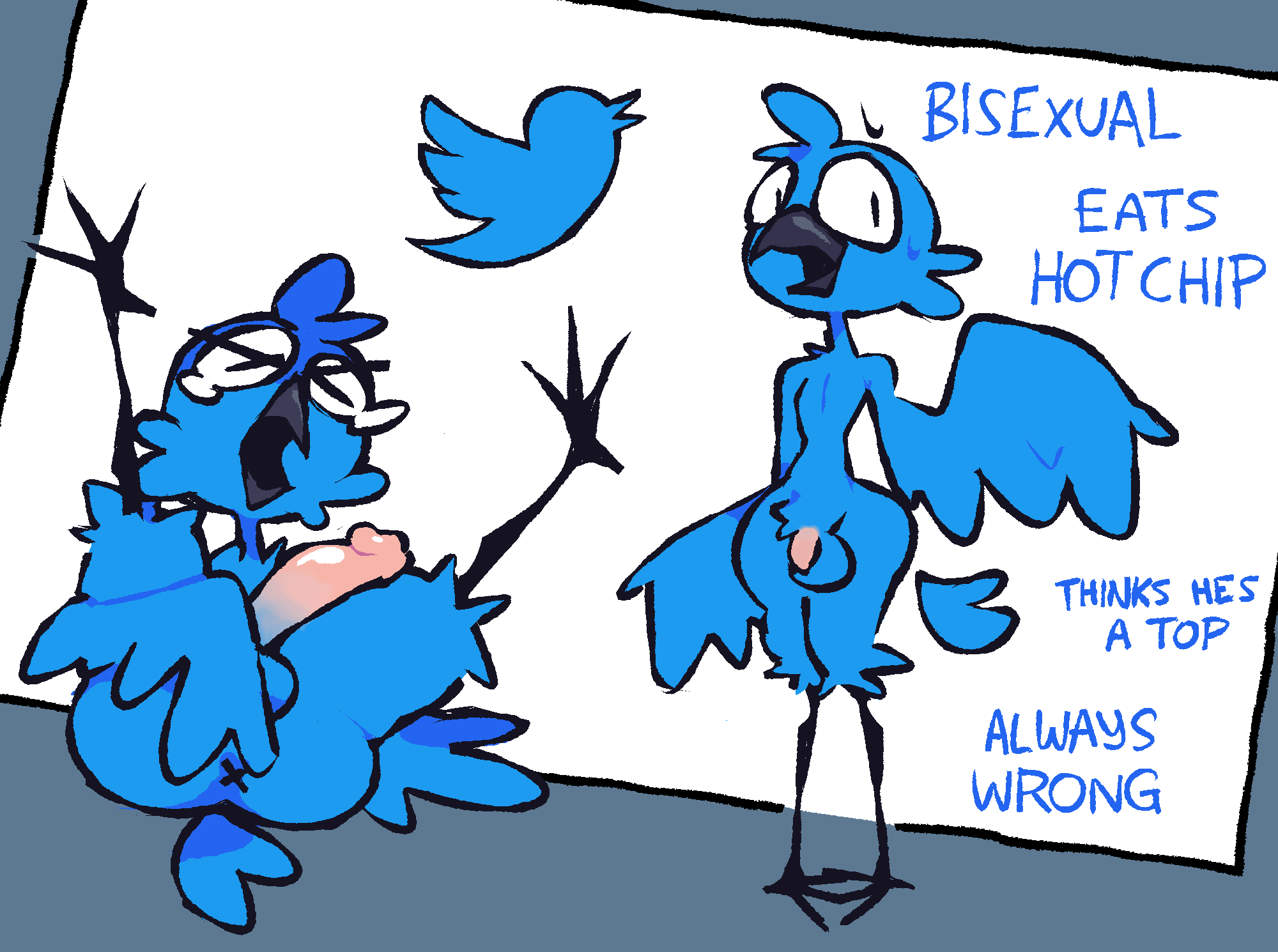 anthro anus ass avian balls beak bird black_beak blue_body blue_feathers feathers femboy genitals girly hi_res male multiple_images penis slim solo text thatguynamedjoe toony twitter twitter_bird twitter_logo winged_arms wings x_(social_media) x_anus