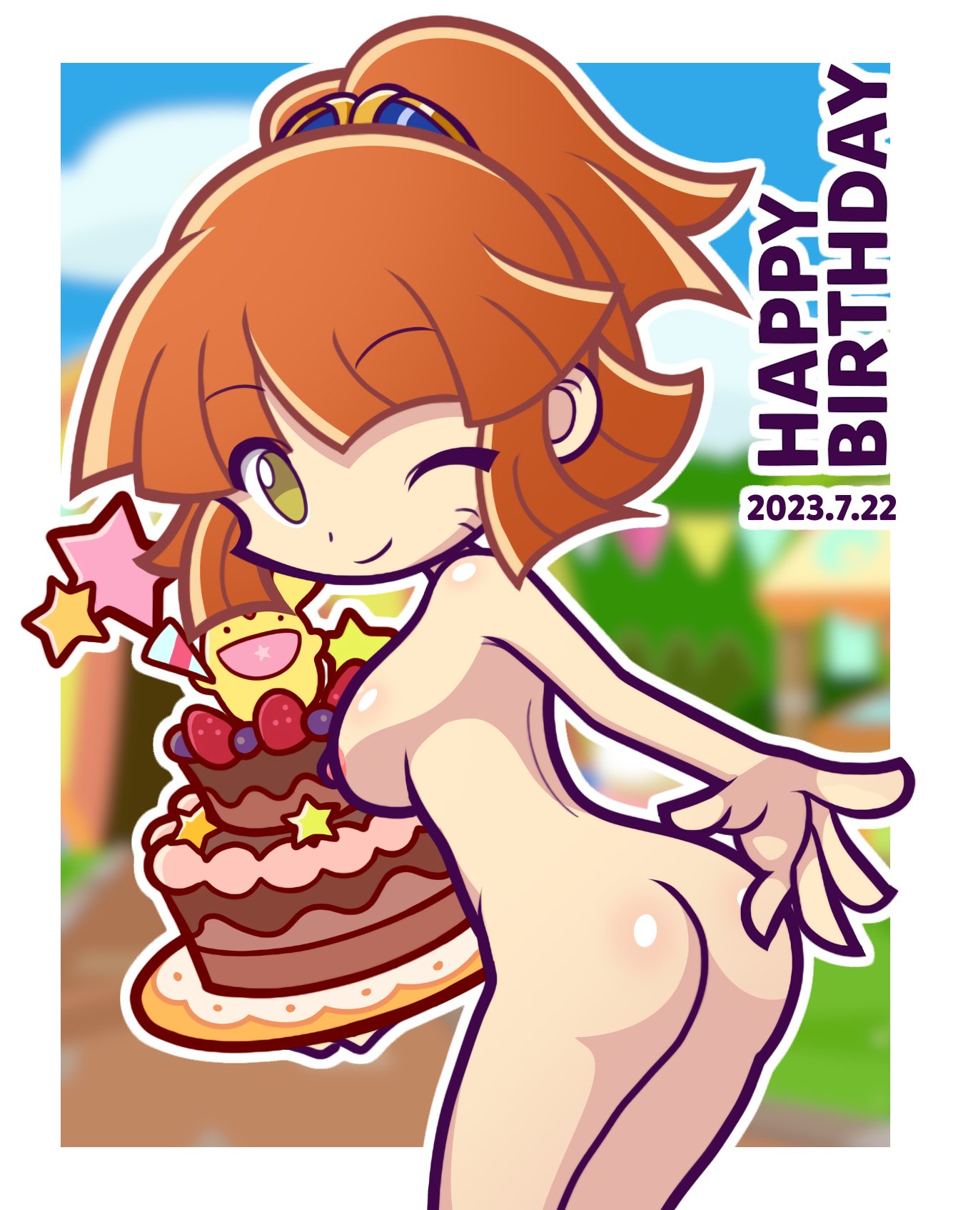 arle_nadja ass birthday birthday_suit breasts carbuncle_(puyo_puyo) furii_(artist) happy_birthday nipples puyo_puyo puyo_puyo_artstyle puyo_puyo_fever sega