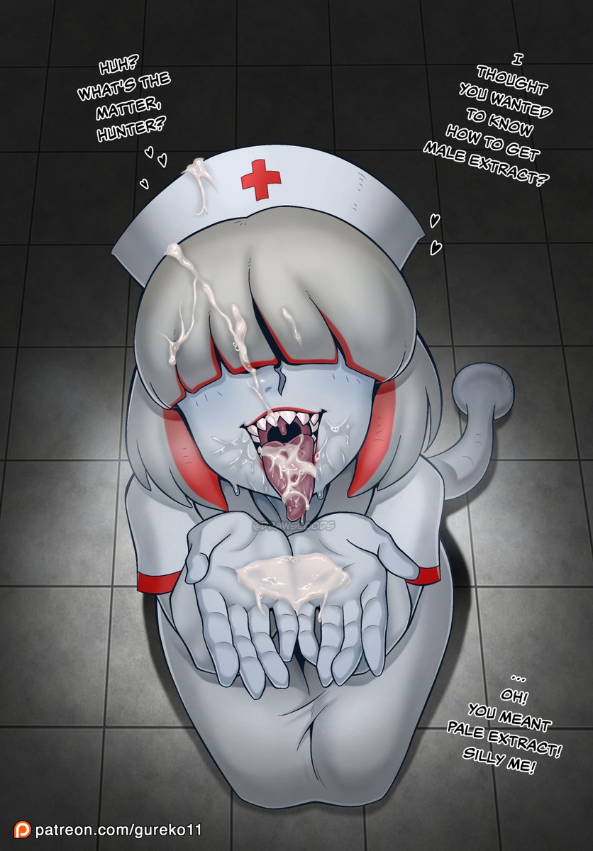 1girls 2023 blush cum cum_in_hands cum_in_mouth cum_on_face cupping_cum cupping_hands drawsloods english_text female from_above gijinka hair_over_eyes khezu kneeling monster_hunter nurse nurse_cap nurse_uniform open_mouth patreon_username saliva sharp_teeth short_hair sweat tagme tail text tongue tongue_out