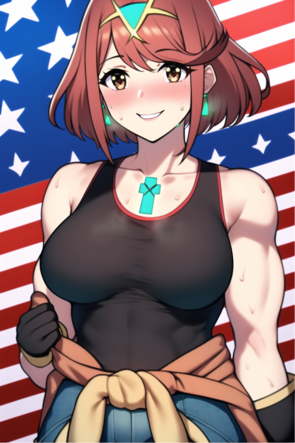 1girls ai_generated american_flag biceps blush clothes_around_waist core_crystal gloves hair_ornament happy muscular_female nai_diffusion pyra red_hair robofun smile stable_diffusion sweat sweatdrop tank_top tiara xenoblade_(series) xenoblade_chronicles_2