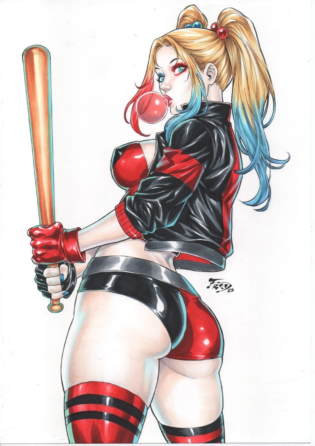 1girls 2d 2d_(artwork) ass baseball_bat bubble_butt curvy_female curvy_figure dc dc_comics ed_benes_studio female_ass female_focus female_only fred_benes harley_quinn hi_res holding_baseball_bat voluptuous voluptuous_female