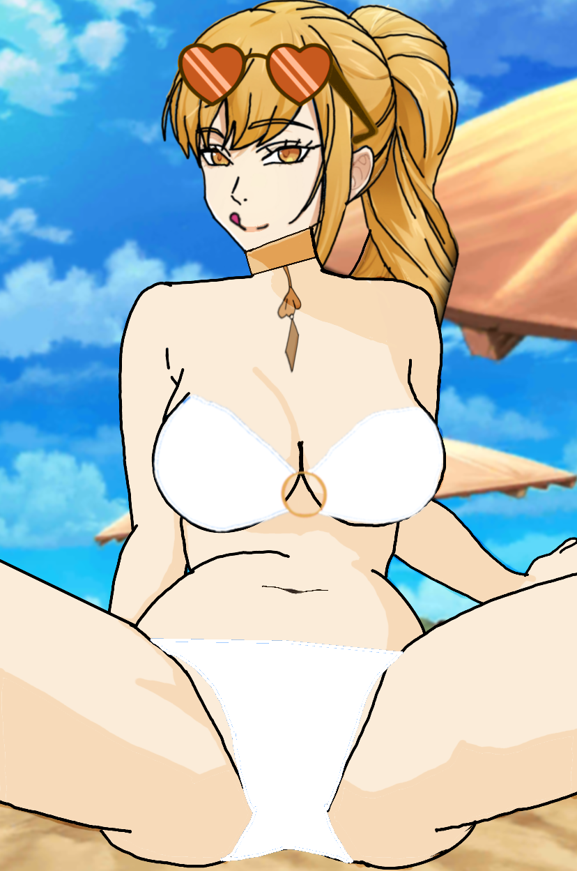 1girls beach blonde_hair choker darkgus898374 female freyja_(nanatsu_no_taizai) looking_at_viewer nanatsu_no_taizai ponytail tongue_out yellow_eyes