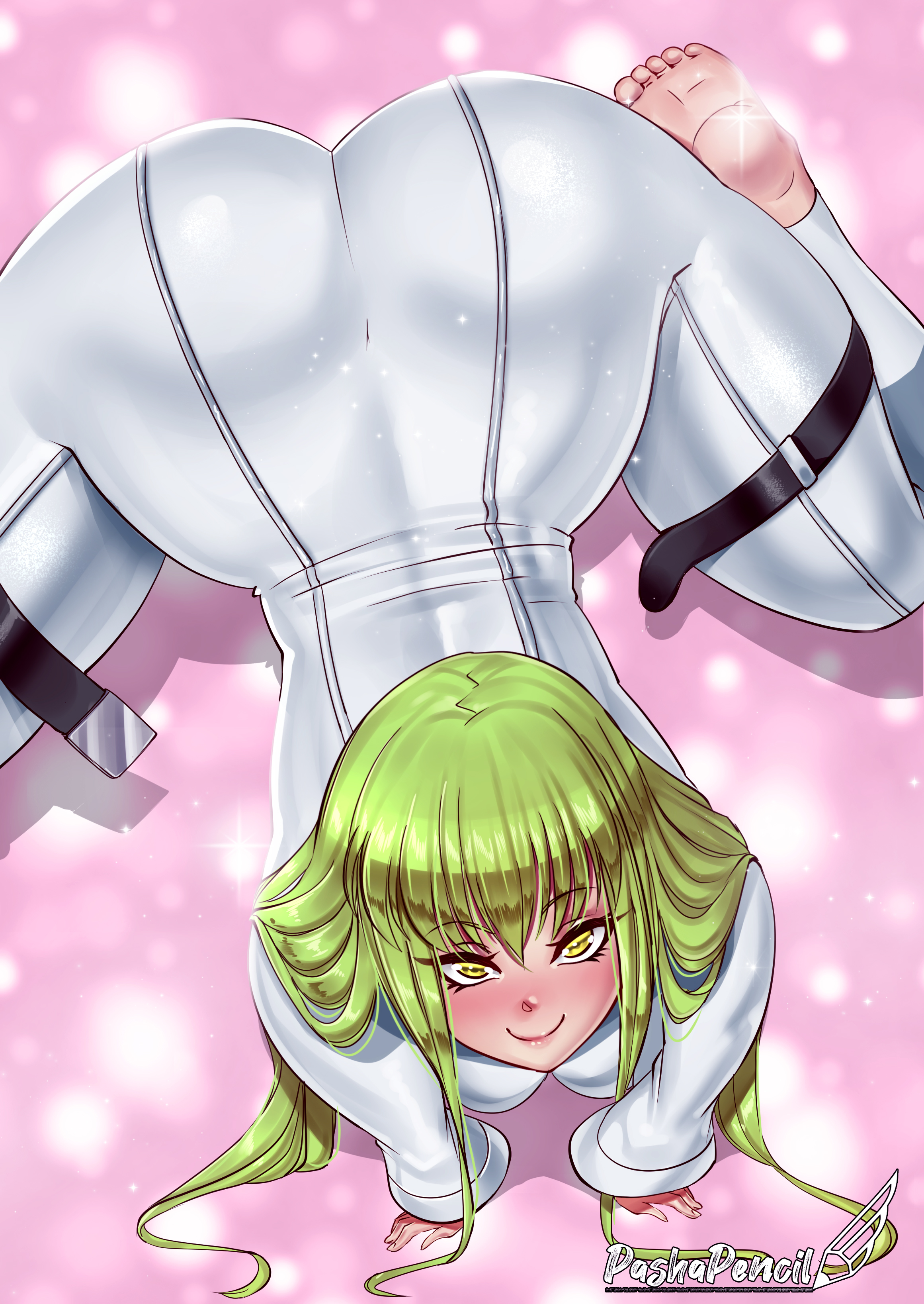 1girls, ass, ass focus, big ass, blush, bodysuit, c.c., clothing, code geass, feet, female, female only, green eyes, green hair, huge ass, long hair, looking at viewer, pashapencil, smile, solo, solo female, thighs, tight clothing, white bodysuit