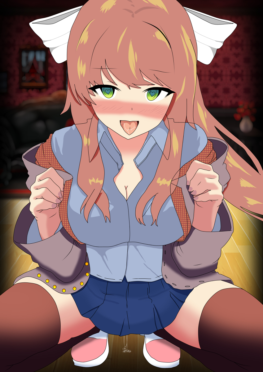 1girls, blush, blushing at viewer, brown hair, doki doki literature club, dripping pussy, female, green eyes, happy, heart-shaped pupils, helderrocket (artist), horny, horny female, in heat, long hair, looking at viewer, monika (doki doki literature club), pussy, pussy juice drip, pussy juice puddle, shirt, skirt, squatting, thighhighs, wholesome