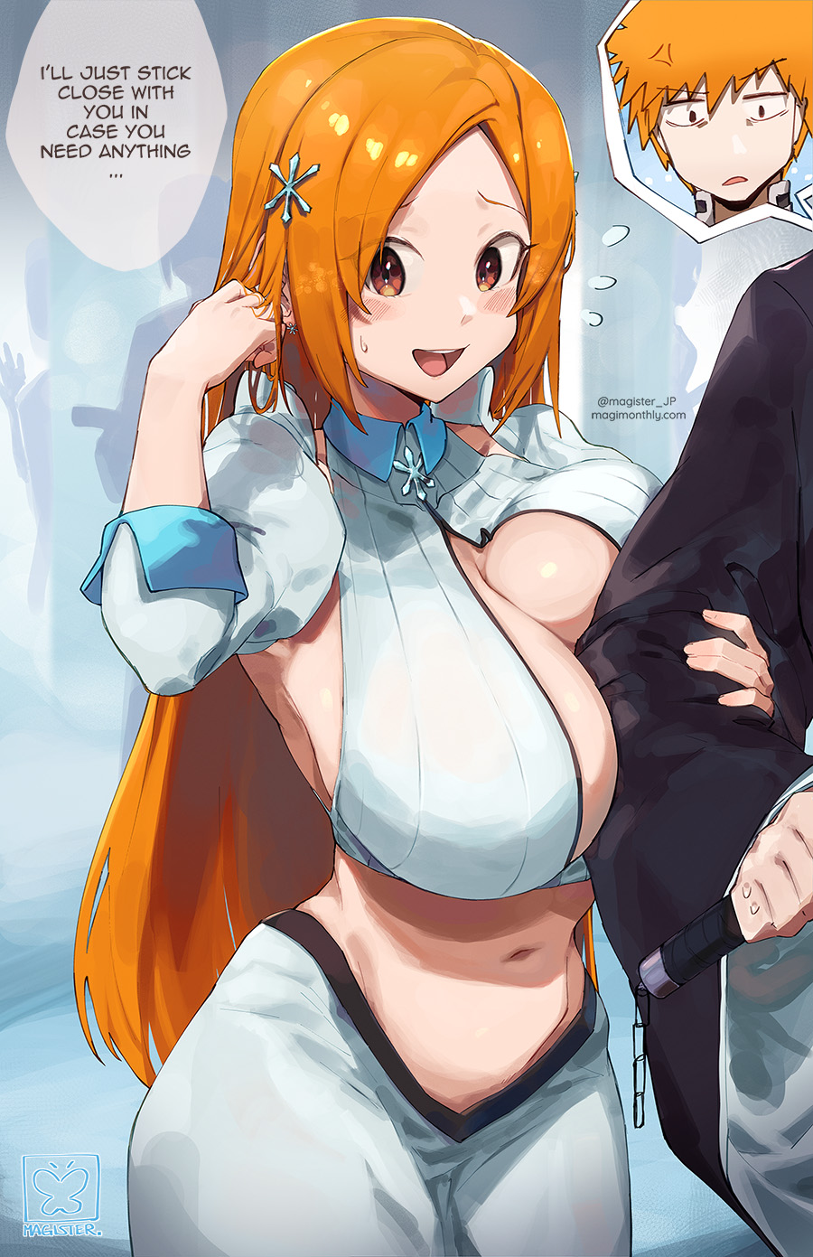 1boy, 1girls, alternate version available, bleach, bleach: the thousand-year blood war, breasts, cleavage, dialogue, english text, female, fully clothed, huge breasts, ichigo kurosaki, inoue orihime, light skin, light-skinned female, long hair, magister (bigbakunyuu), male, orange hair, short hair, text, thick thighs, wide hips