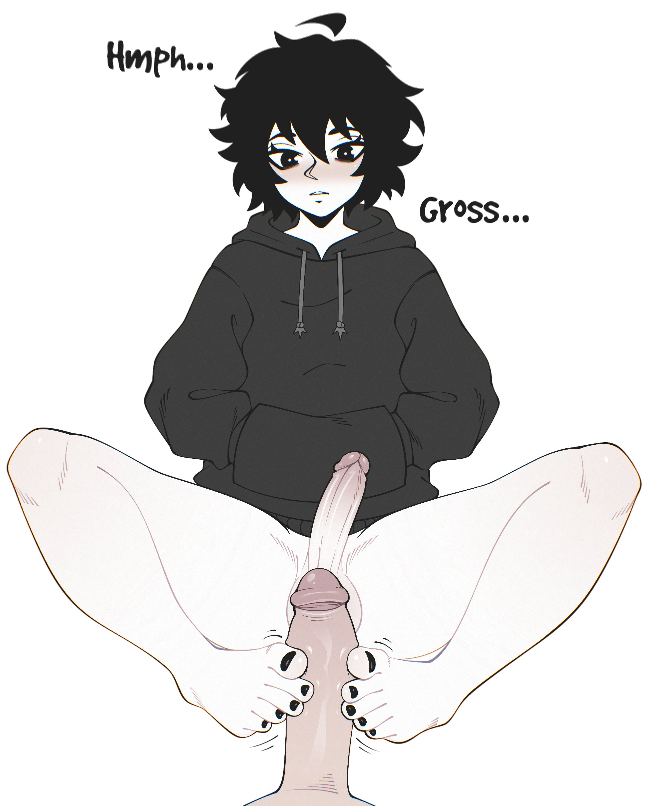 2boys, black eyes, black hair, black hoodie, black nails, bro aniki, cock, cute male, dick, doomer boy, feet, femboy, foot fetish, footjob, hands in pockets, hoodie, male, motion lines, open mouth, penis, penis size difference, tagme, text, yaoi