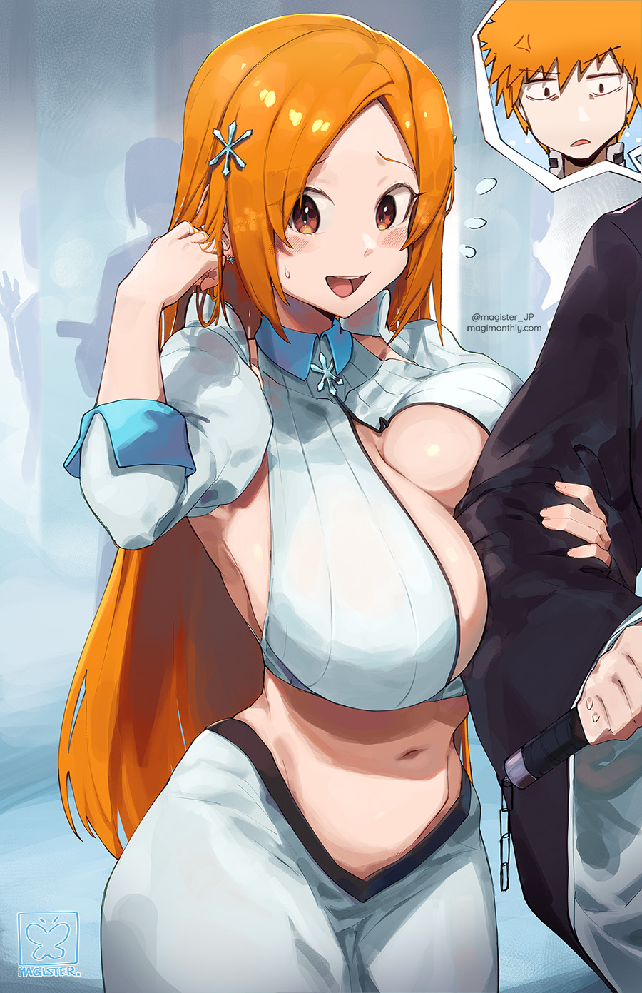 1boy, 1girls, alternate version available, bleach, bleach: the thousand-year blood war, breasts, cleavage, female, fully clothed, huge breasts, ichigo kurosaki, inoue orihime, light skin, light-skinned female, long hair, magister (bigbakunyuu), male, orange hair, short hair, thick thighs, wide hips