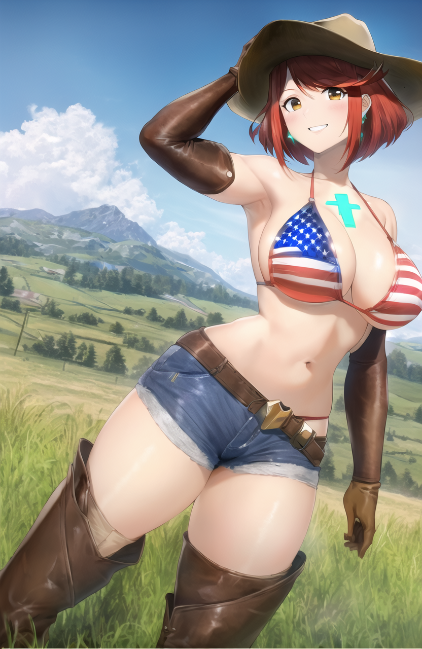 1girls adjusting_hat adjusting_headwear ai_generated american_flag american_flag_bikini belt core_crystal cowboy_boots cowboy_hat cowboy_outfit cowboy_western elbow_gloves field g-string happy leather mountain mountains nai_diffusion navel outdoors pyra red_hair robofun stable_diffusion thigh_boots thighhighs xenoblade_(series) xenoblade_chronicles_2