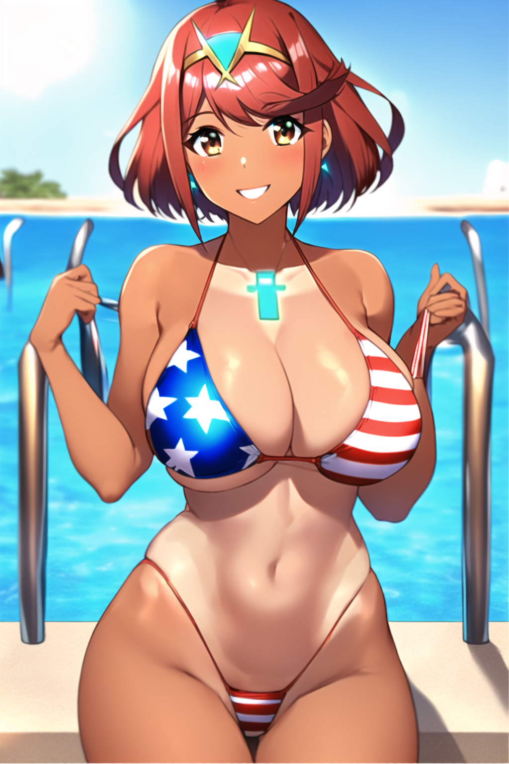 1girls ai_generated american_flag american_flag_bikini core_crystal hair_ornament happy nai_diffusion one-piece_tan pool poolside pyra robofun stable_diffusion tan_body tan_skin tanline tiara water xenoblade_(series) xenoblade_chronicles_2