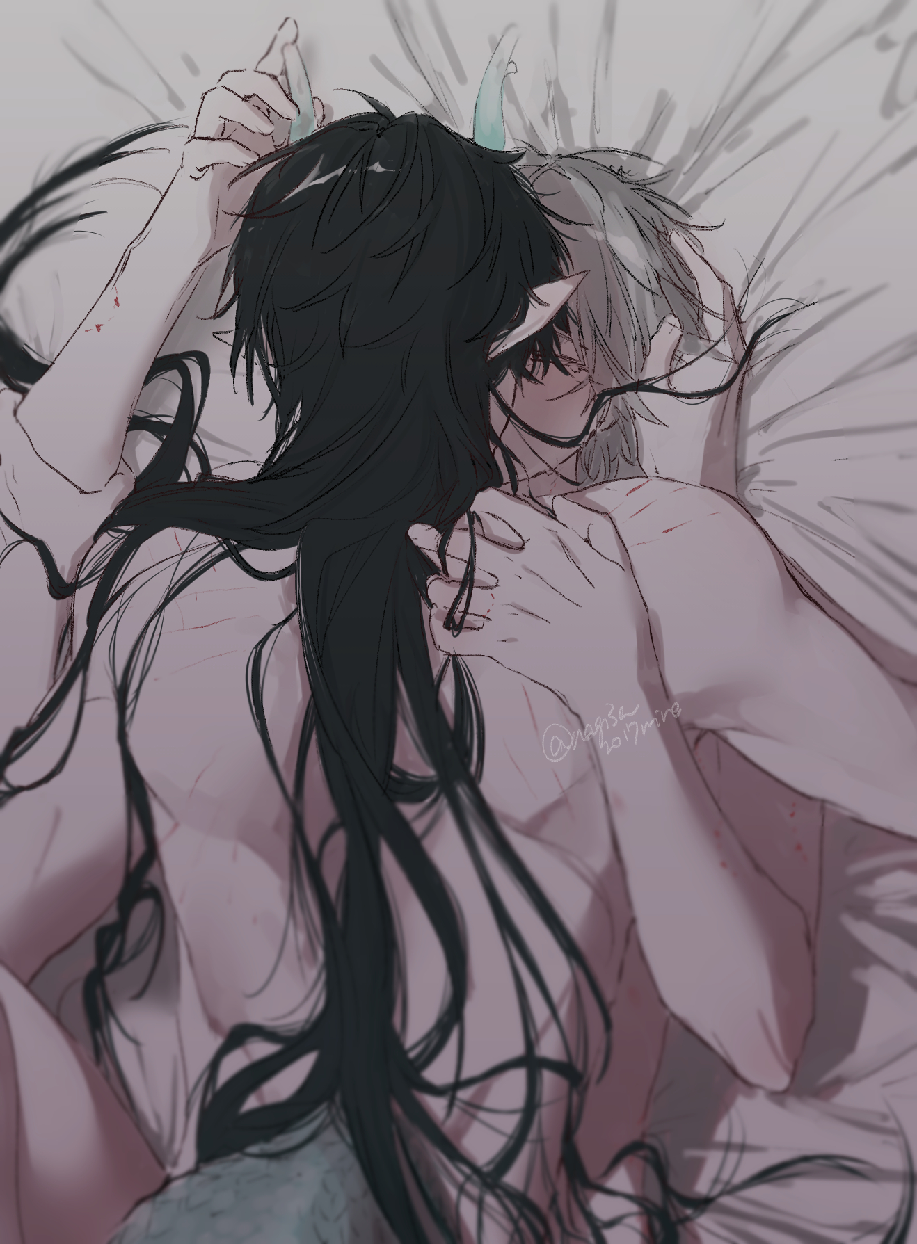 2boys, caelus (honkai: star rail), dan heng, dan heng (imbibitor lunae), dragon tail, honkai: star rail, kissing, long hair, male, male only, male/male, messy hair, multiple boys, multiple males, sex, shirtless, yaoi