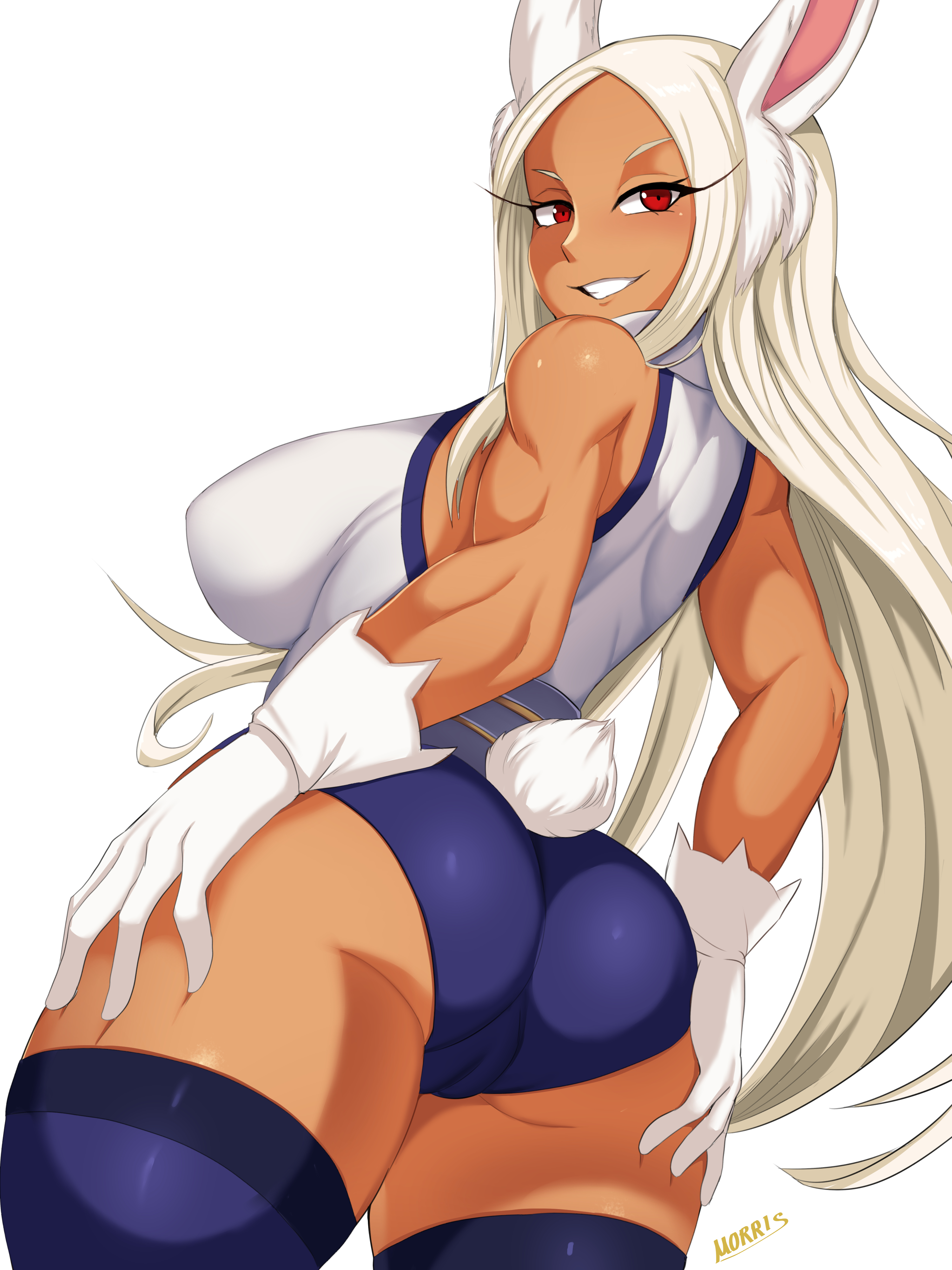 ass, boku no hero academia, bunny ears, bunny girl, bunny tail, clothed, dark skin, dark-skinned female, female, fully clothed, gloves, long hair, miruko, morris, muscular, muscular female, my hero academia, rabbit ears, red eyes, rumi usagiyama, smile, tail, thighhighs, usagiyama rumi, white hair
