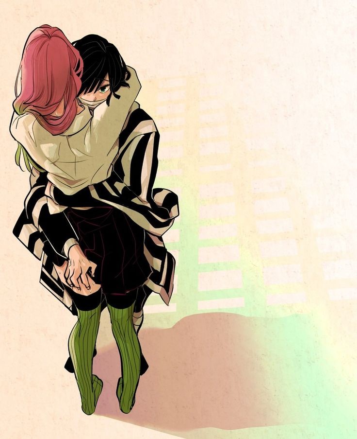 arm around waist, arms around neck, artist request, demon slayer, female, groping ass, hugging, iguro obanai, kanroji mitsuri, kimetsu no yaiba, male, passionate, shorter male, skirt lift, staring at viewer, two-tone hair