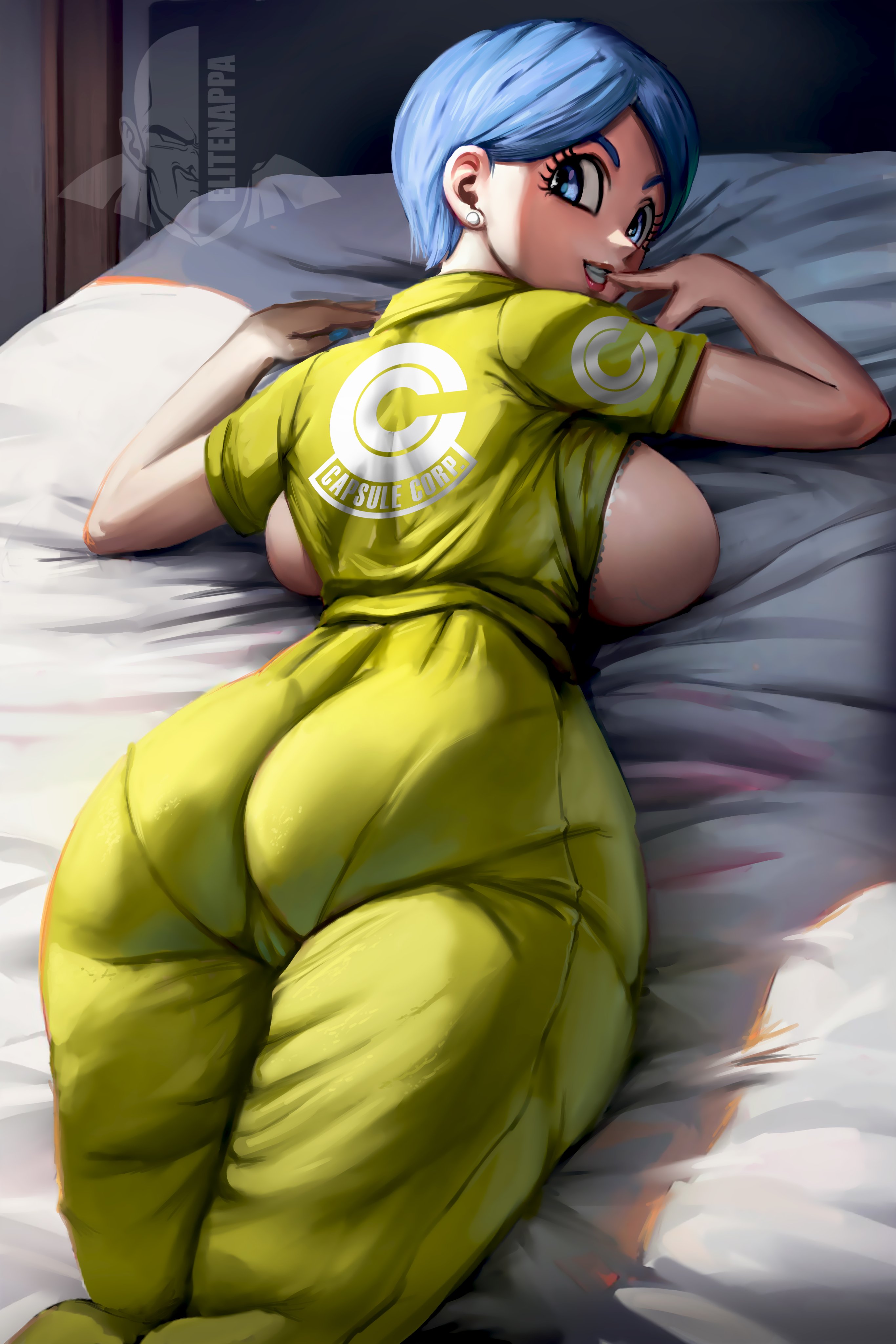 1girls, ass, big ass, big breasts, big butt, blue eyes, blue hair, breasts, breasts out, bulma briefs, bulma briefs (dragon ball super superhero), dragon ball, dragon ball super, dragon ball z, elitenappa, eyebrows, fat ass, female, female only, large ass, large breasts, light skin, light-skinned female, lipstick, looking at viewer, milf, solo, solo female, solo focus, thick thighs, thighs, wide hips