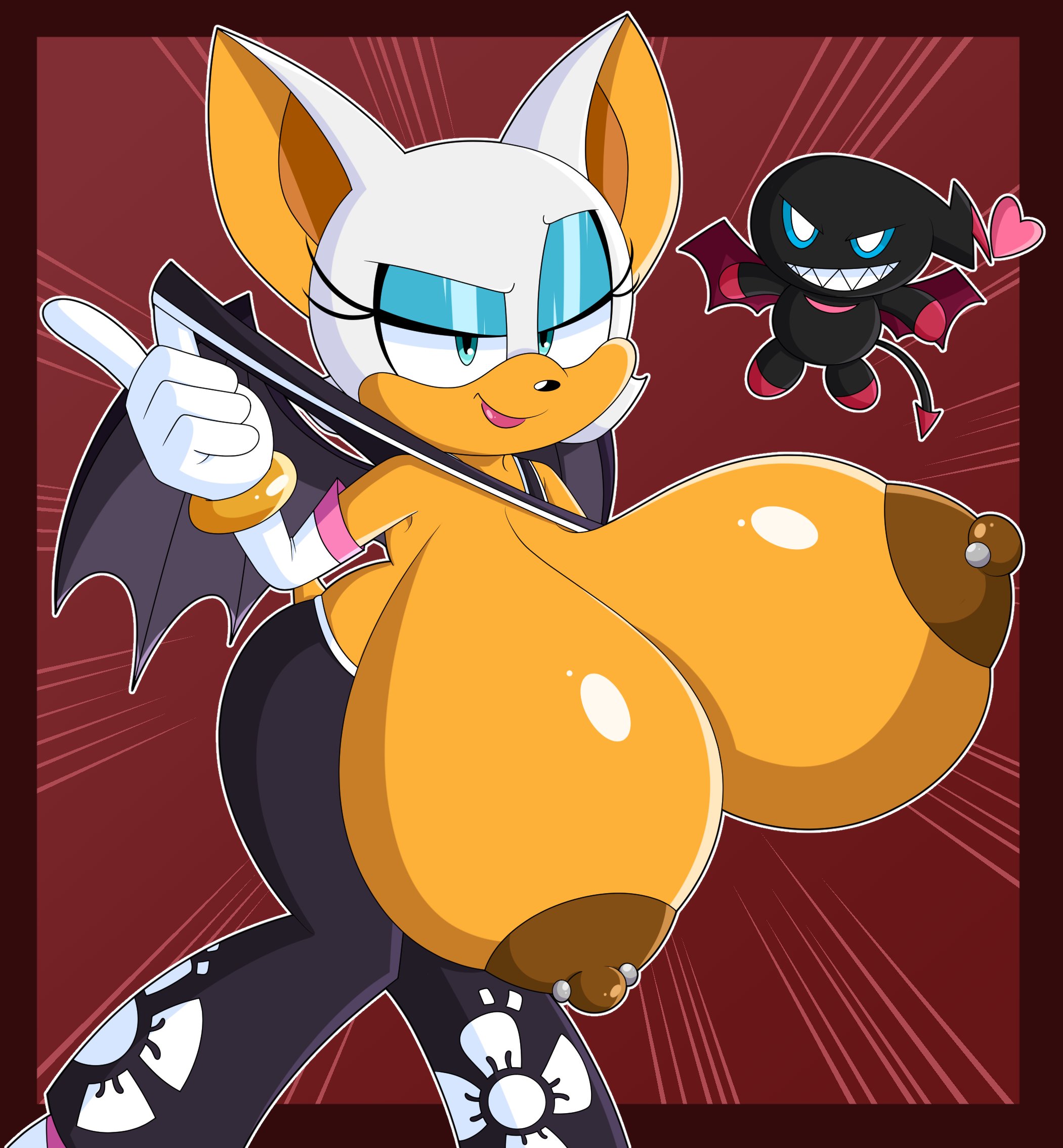 alternate breast size, anthro, areolae, bat, big breasts, blakeynsfw, breasts, breasts bigger than head, brown nipples, dark chao, elbow gloves, female, furry, gloves, huge breasts, makeup, nipple piercing, nipples, piercing, rouge the bat, sega, smile, sonic (series), sonic the hedgehog (series), tagme, unaligned breasts