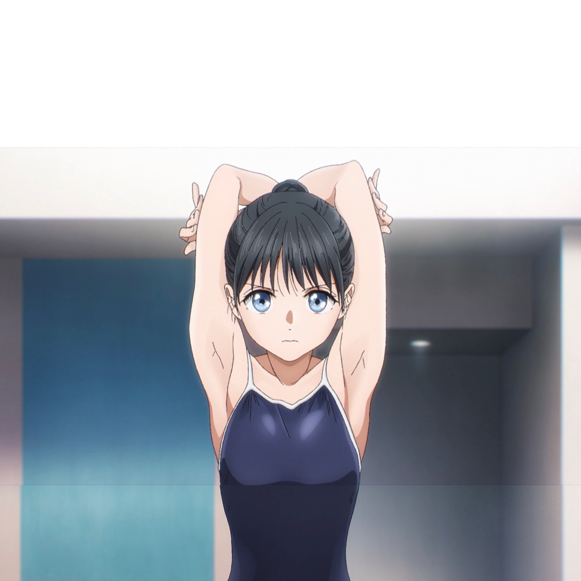 1girls, akebi komichi, akebi-chan no serafuku, alternate hairstyle, armpits, arms behind head, arms up, black hair, blue eyes, blue one-piece swimsuit, breasts, competition school swimsuit, competition swimsuit, female, female focus, female only, highres, one-piece swimsuit, ponytail, pose, posing, school swimsuit, screencap, sensual, sexy armpits, shirt, small breasts, standing, stitched, swimsuit, third-party edit