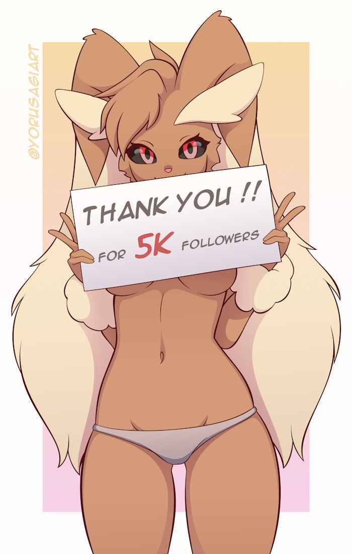 1girls, 2023, black sclera, breasts, brown body, brown hair, bunny ears, bunny girl, covering breasts, double v, english, english text, female, female only, furry, furry only, generation 4 pokemon, looking at viewer, lopunny, medium breasts, navel, panties, peace sign, pink eyes, pokémon (species), pokemon, pokemon (species), pokemon dppt, sign, signature, simple background, smile, topless, topless female, v, v sign, yellow fur, yorusagi