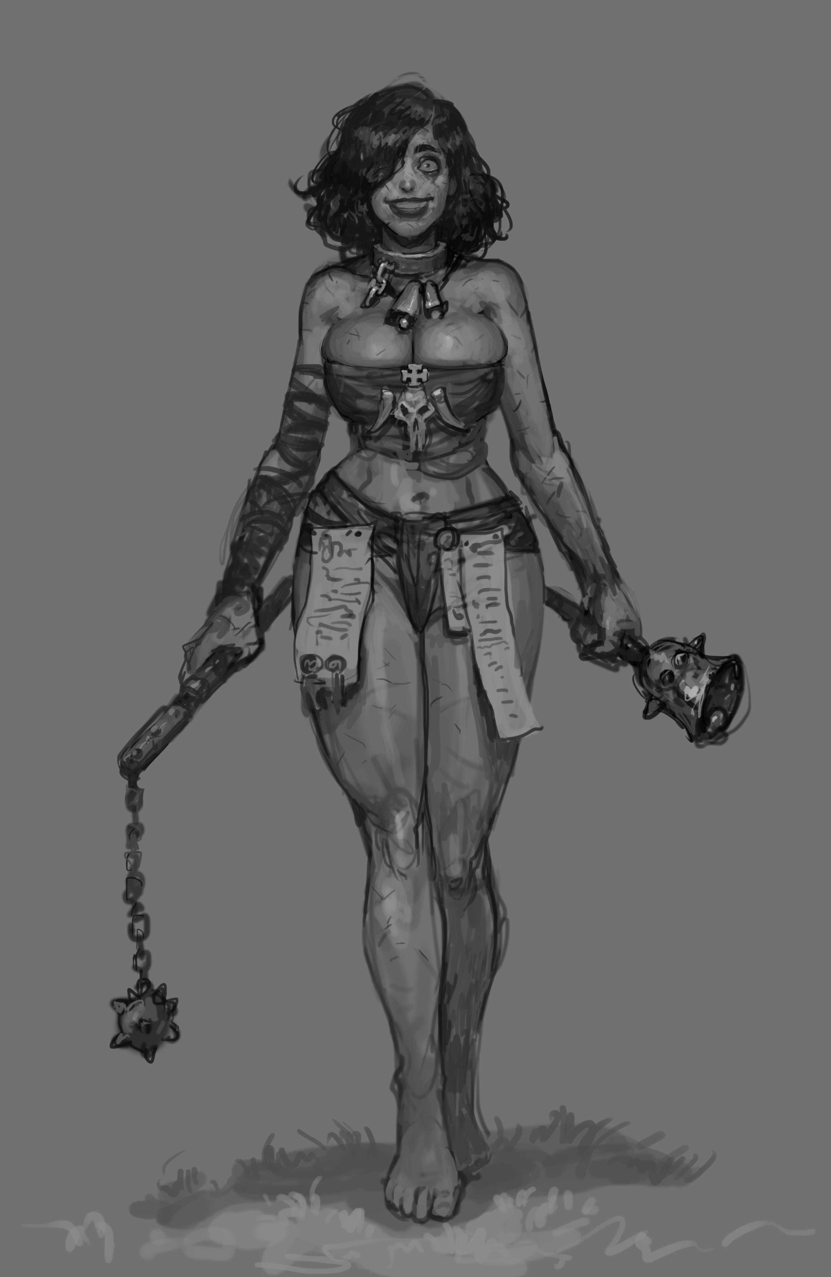 1girls, arm wraps, barefoot, bell, bell collar, black and white, black hair, breasts, collar, crazy, crazy eyes, crazy smile, female, female focus, female only, fit, fit female, flagellant, flail, full lips, greyscale, justsomenoob, large breasts, midriff, monochrome, navel, shoulder length hair, skull, solo, solo female, tubetop, warhammer (franchise), warhammer fantasy, wavy hair, weapon