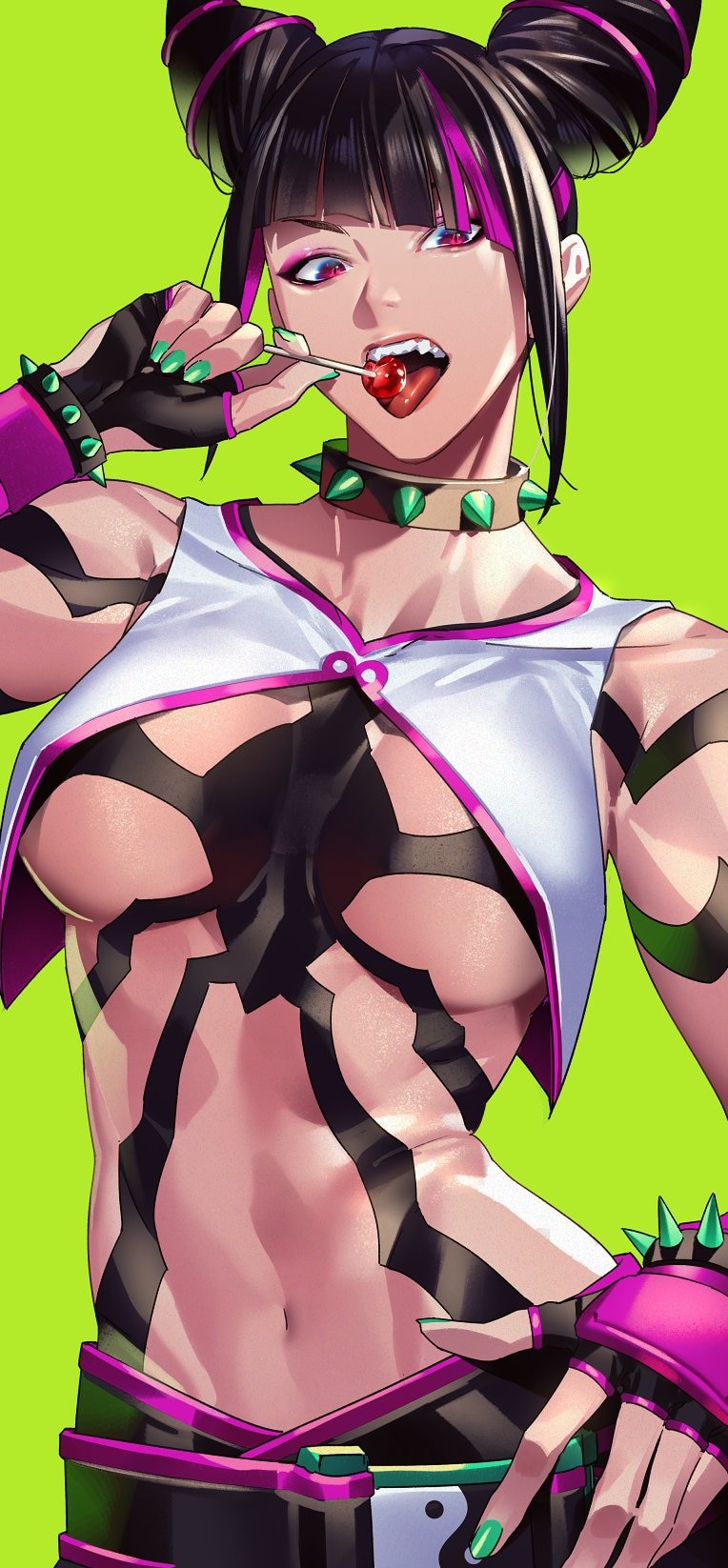 1girls, 2023, breasts, capcom, dyed hair, female, female only, juri han, lollipop, looking at viewer, painted nails, red eyes, solo, spiked bracelet, spiked collar, street fighter, street fighter 6, tenobeee (artist), underboob, yin yang