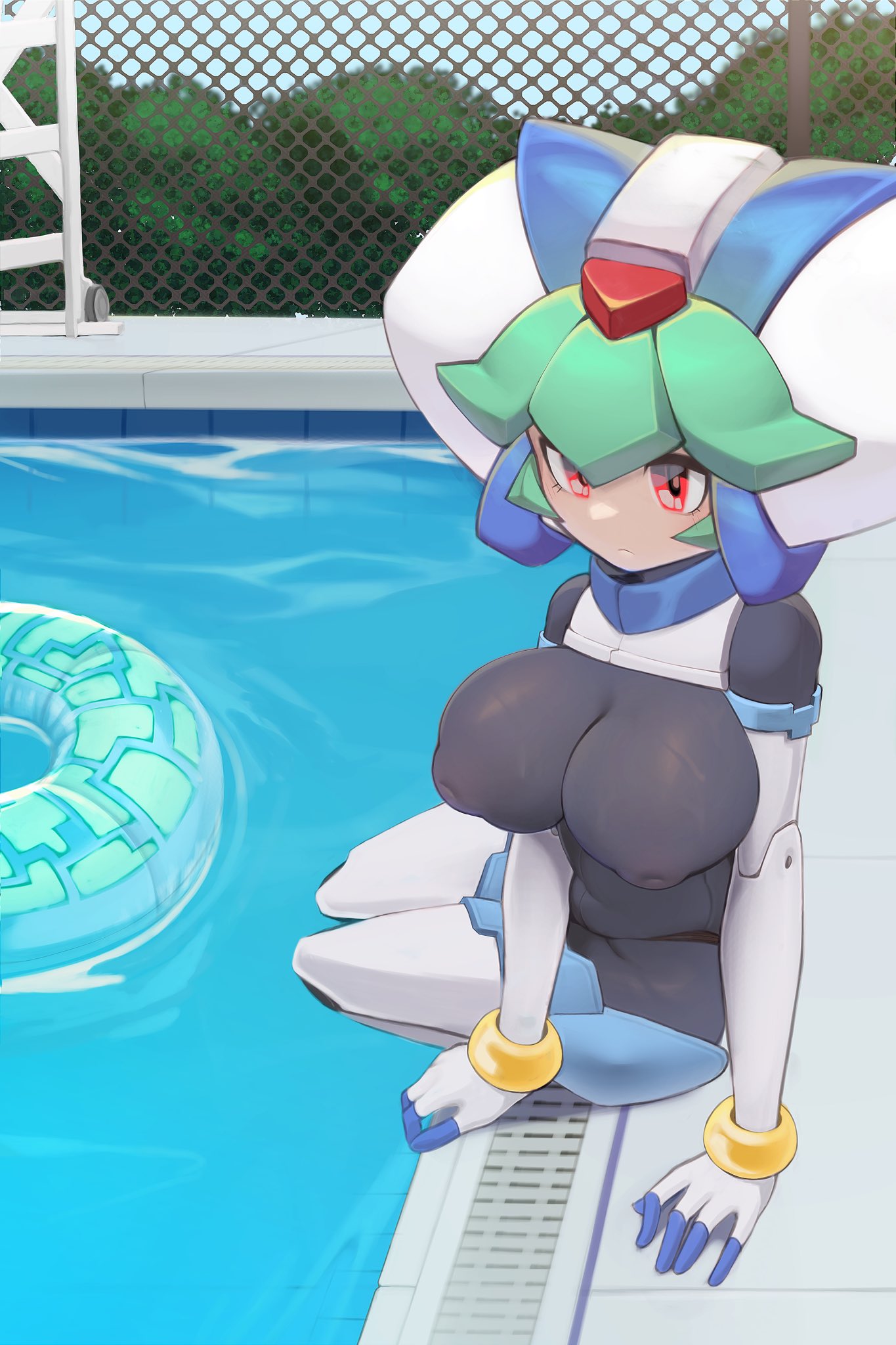 big_breasts bodysuit breasts green_hair mega_man mega_man_zx nipple_bulge pandora_(mega_man) pool sheepus