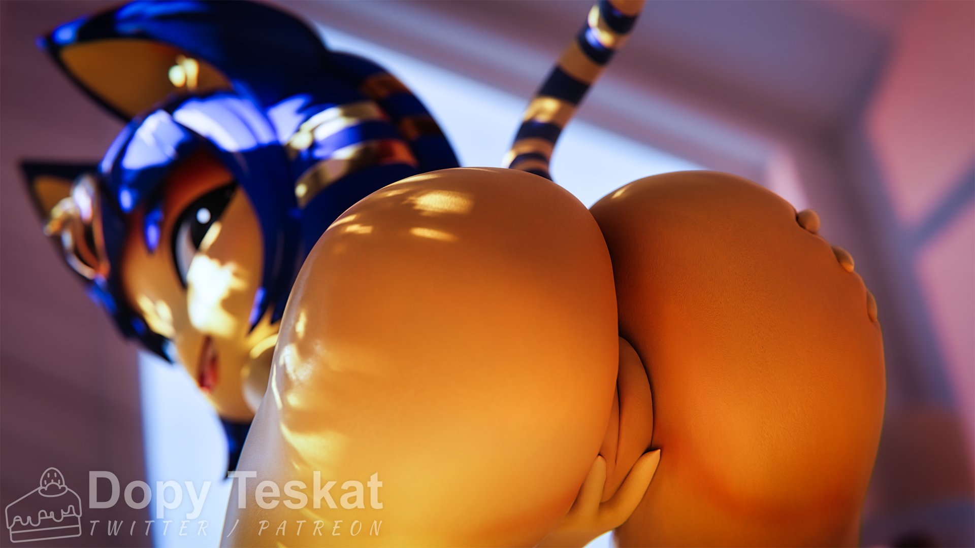 1girls, 3d, 3d (artwork), 3d model, animal crossing, ankha, ankha (animal crossing), ankha (zy0n7), anthro, ass, ass focus, bangs, big ass, blue hair, cat, cat ears, cat tail, dopyteskat, doubutsu no mori, female, female only, grabbing own ass, looking at viewer, nairu (doubutsu no mori), nintendo, pussy, short bangs, short hair, small breasts, watermark, yellow body, yellow fur, zy0n7