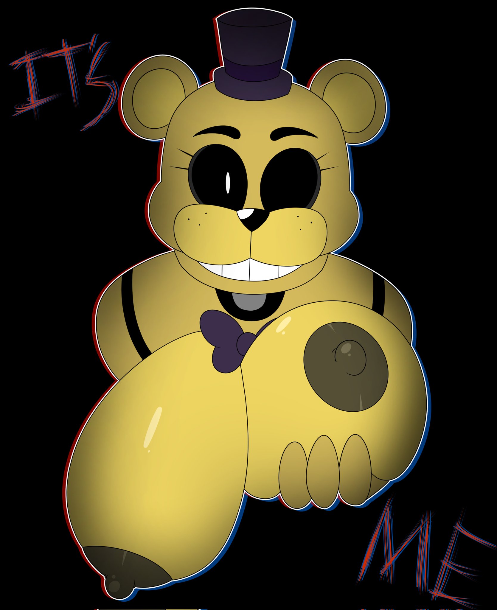 2022, animatronic, anthro, areola, areolae, bear, big breasts, black background, black sclera, blakeynsfw, bow tie, breasts, brown areola, brown areolae, brown nipples, clothing, digital media (artwork), eyelashes, female, five nights at freddy's, freckles, genderswap, genderswap (mtf), golden freddy (fnaf), hand on breast, hat, headgear, headwear, hi res, holding breast, huge breasts, looking at viewer, machine, mammal, mtf crossgender, nipples, robot, rule 63, scottgames, simple background, smile, solo, text, top hat, white eyes, yellow body